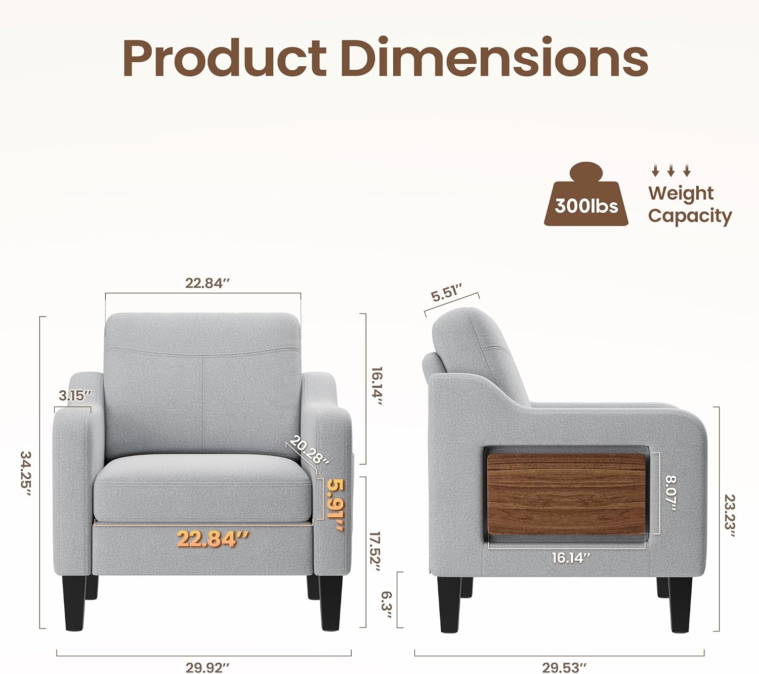 Linen Accent Chair with Foldable Side Table & Side Pockets