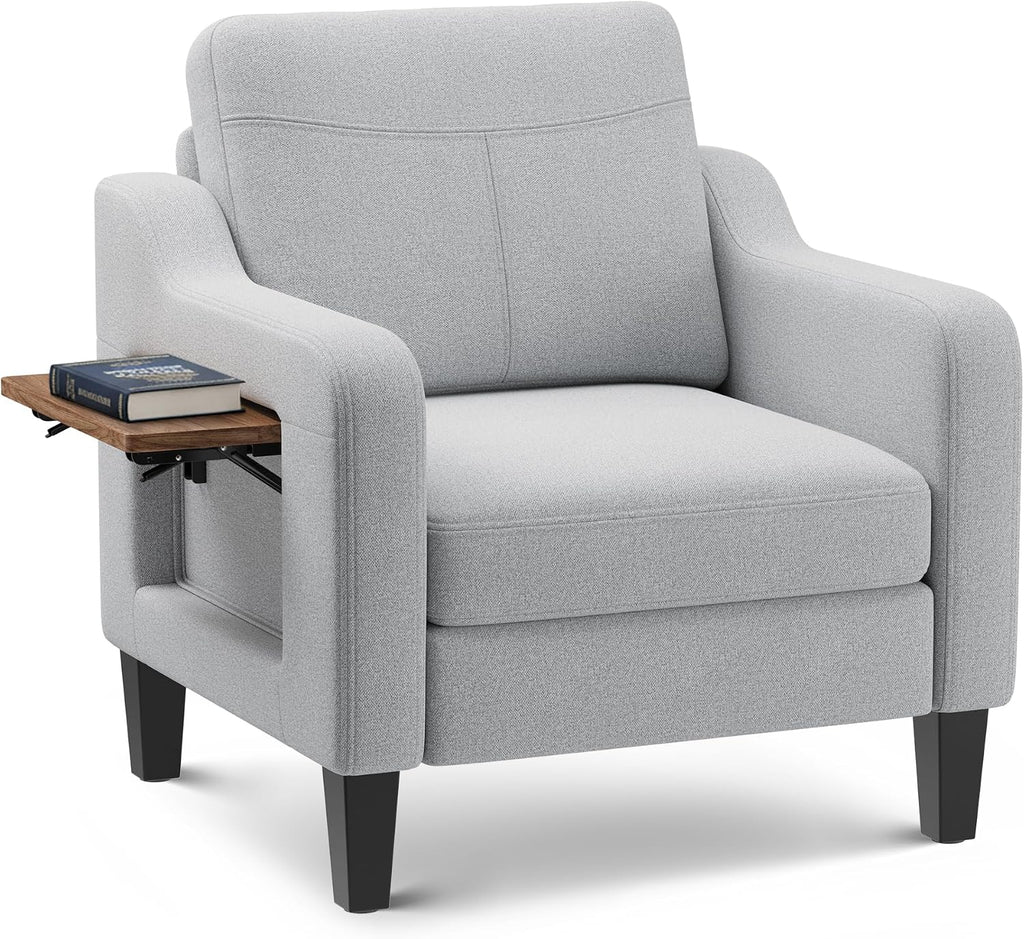 Linen Accent Chair with Foldable Side Table & Side Pockets