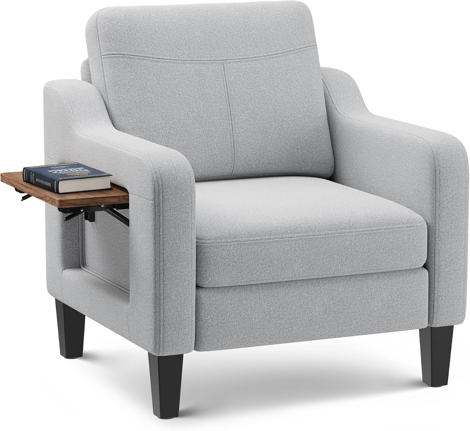 Linen Accent Chair with Foldable Side Table & Side Pockets