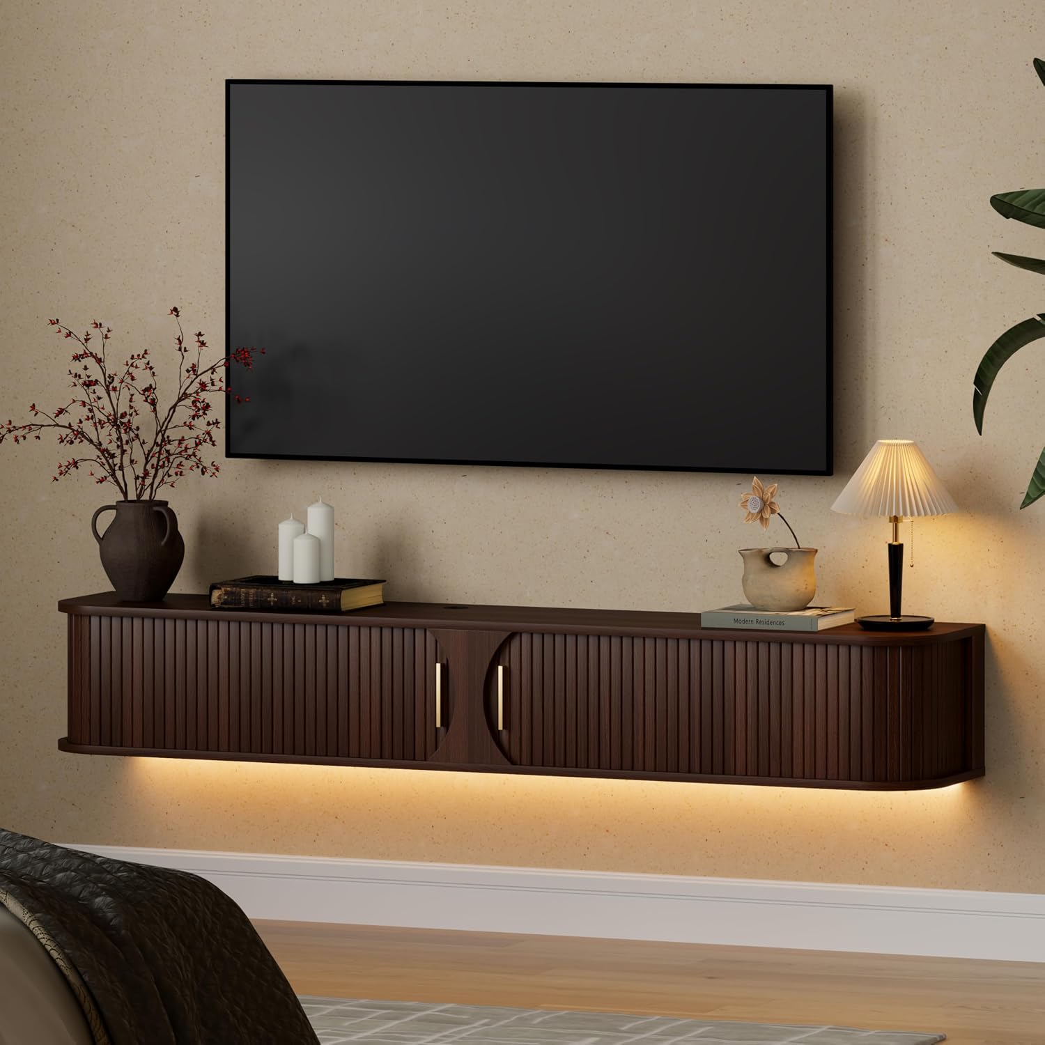 Walnut 63 Inch Floating TV Stand with LED Lights & Sliding Doors