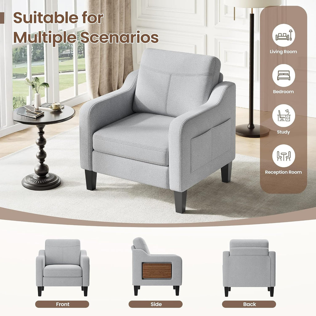 Linen Accent Chair with Foldable Side Table & Side Pockets