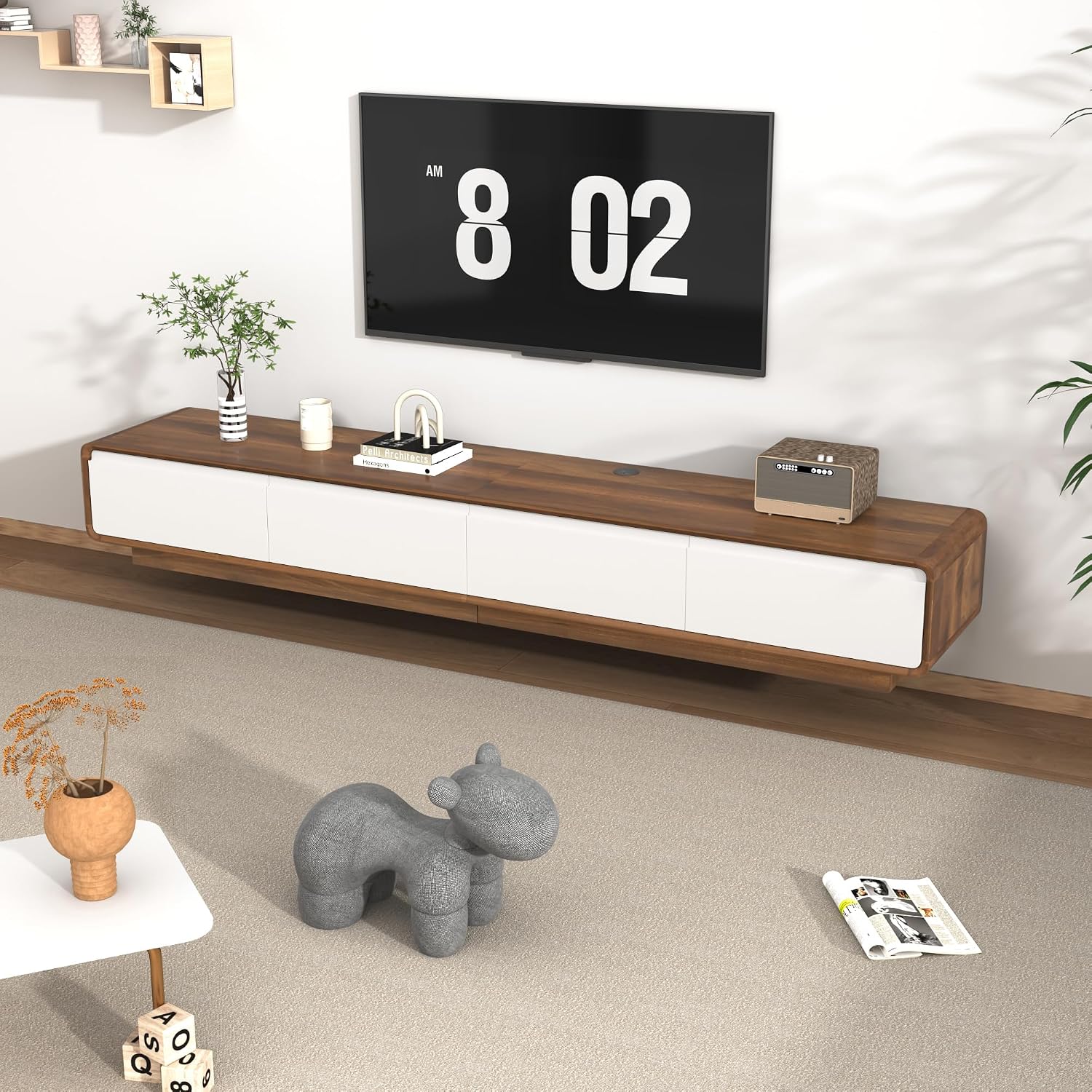 Walnut White 78.7 Inch Minimalist Floating TV Stand with Drawers