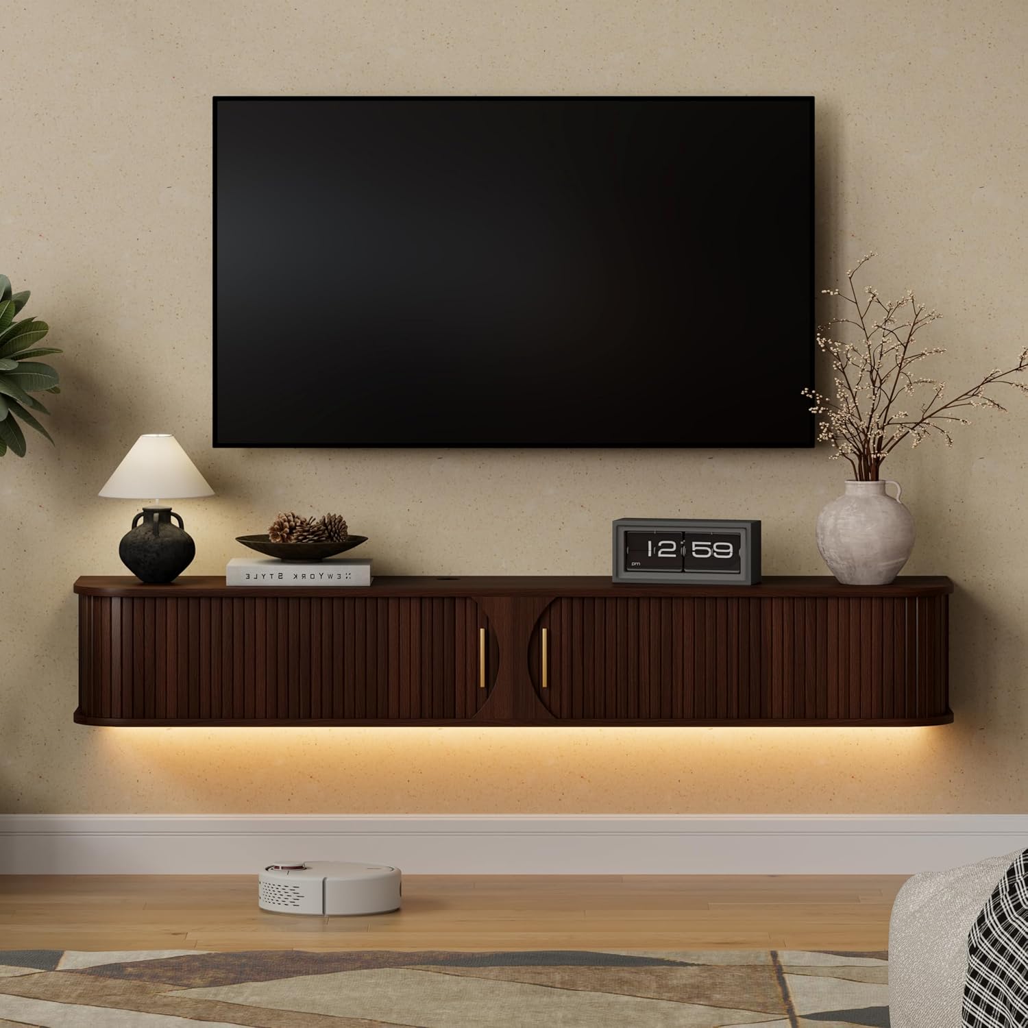 Walnut Floating TV Stand with RGB Lights & Power Outlet