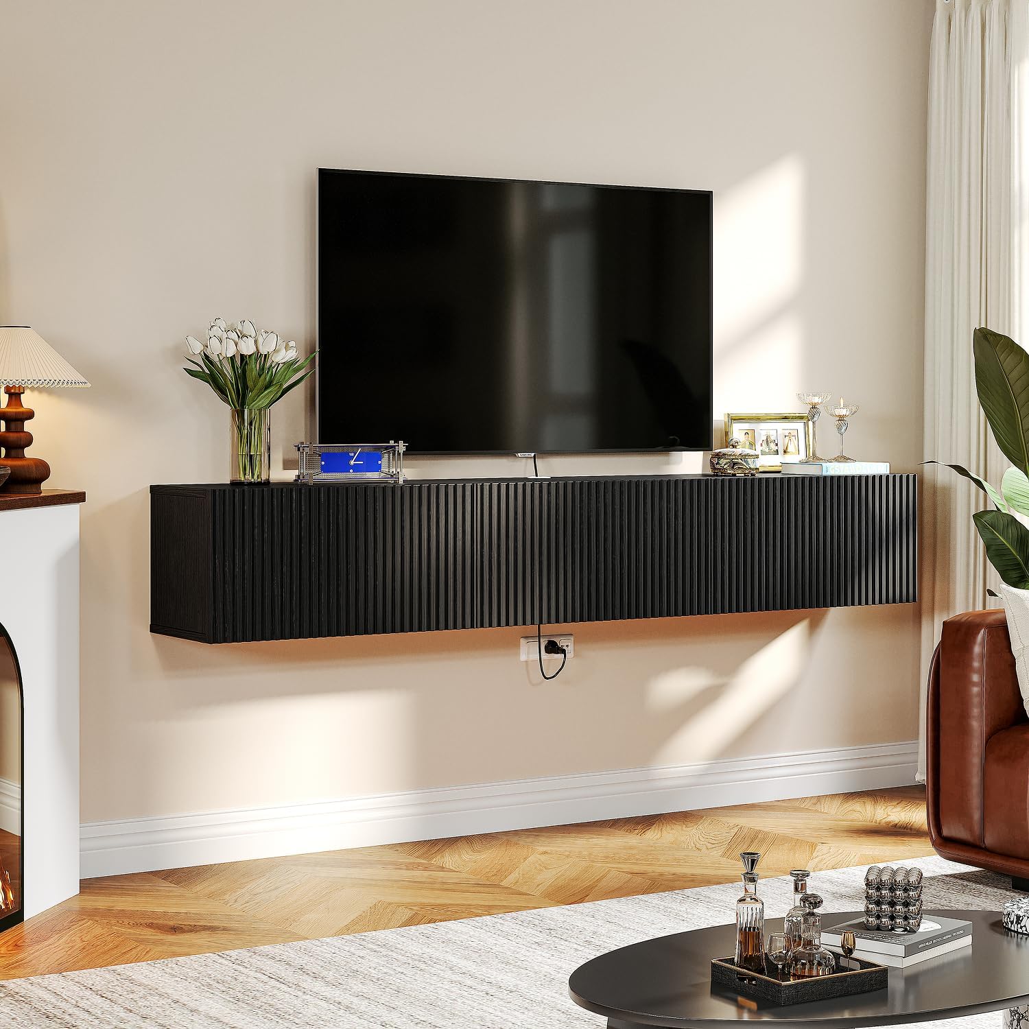 Black 63 Inch Slatted Floating TV Stand with 3 Doors