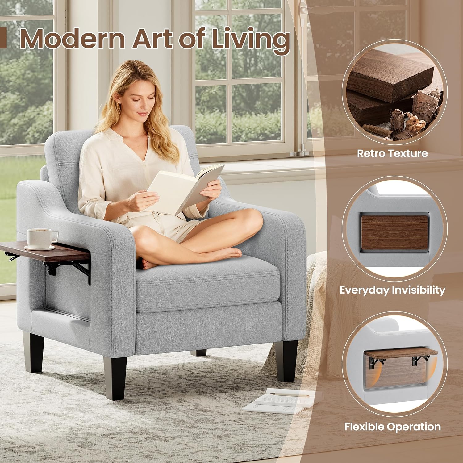 Linen Accent Chair with Foldable Side Table & Side Pockets