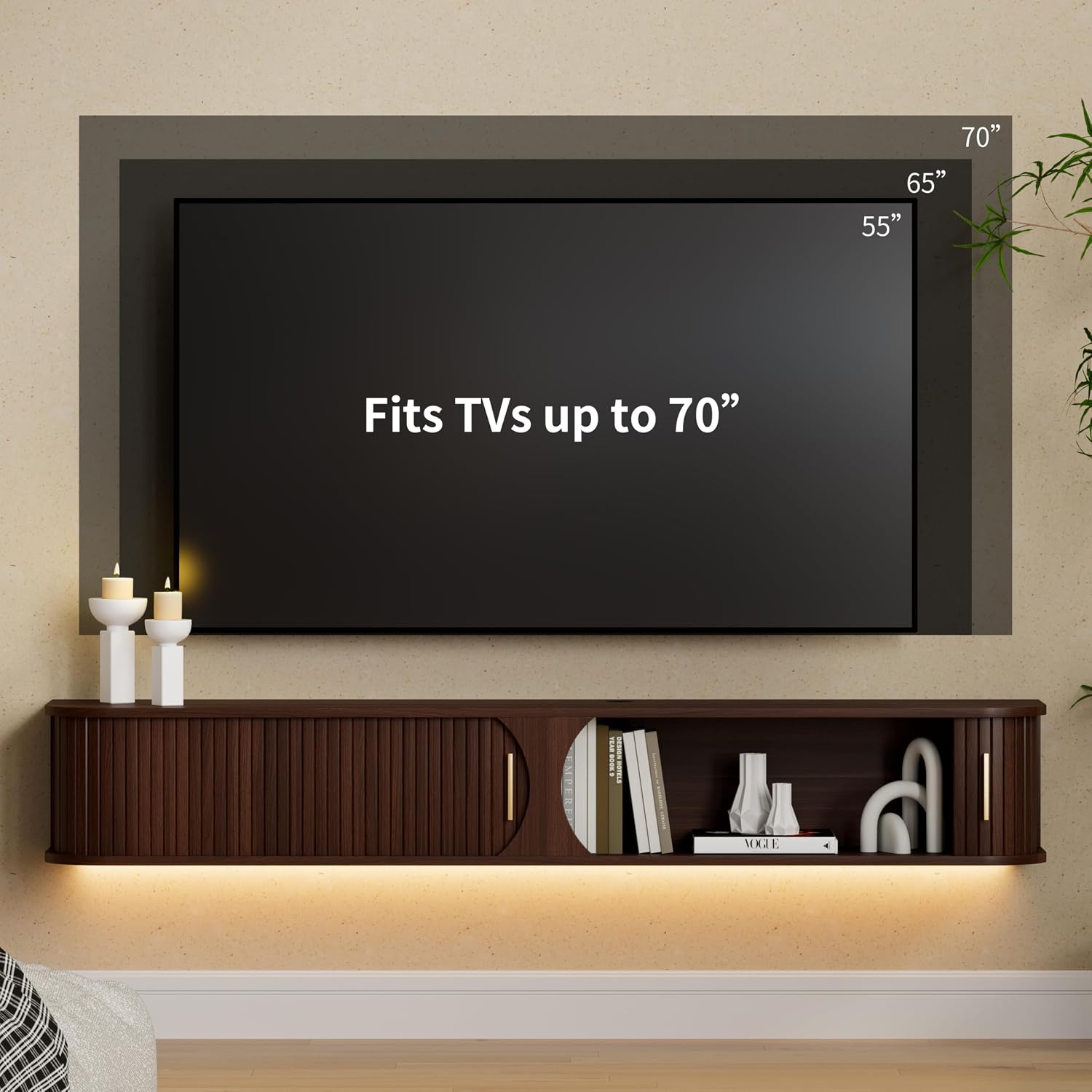 Walnut 63 Inch Floating TV Stand with LED Lights & Sliding Doors