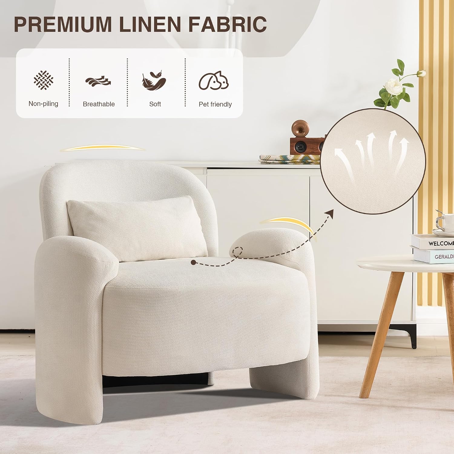 Beige Linen Mid-Century Accent Chairs Set of 2