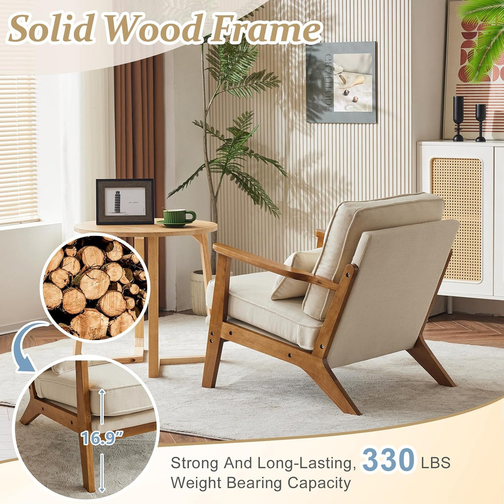 Beige Linen Farmhouse Mid-Century Solid Wood Accent Chair