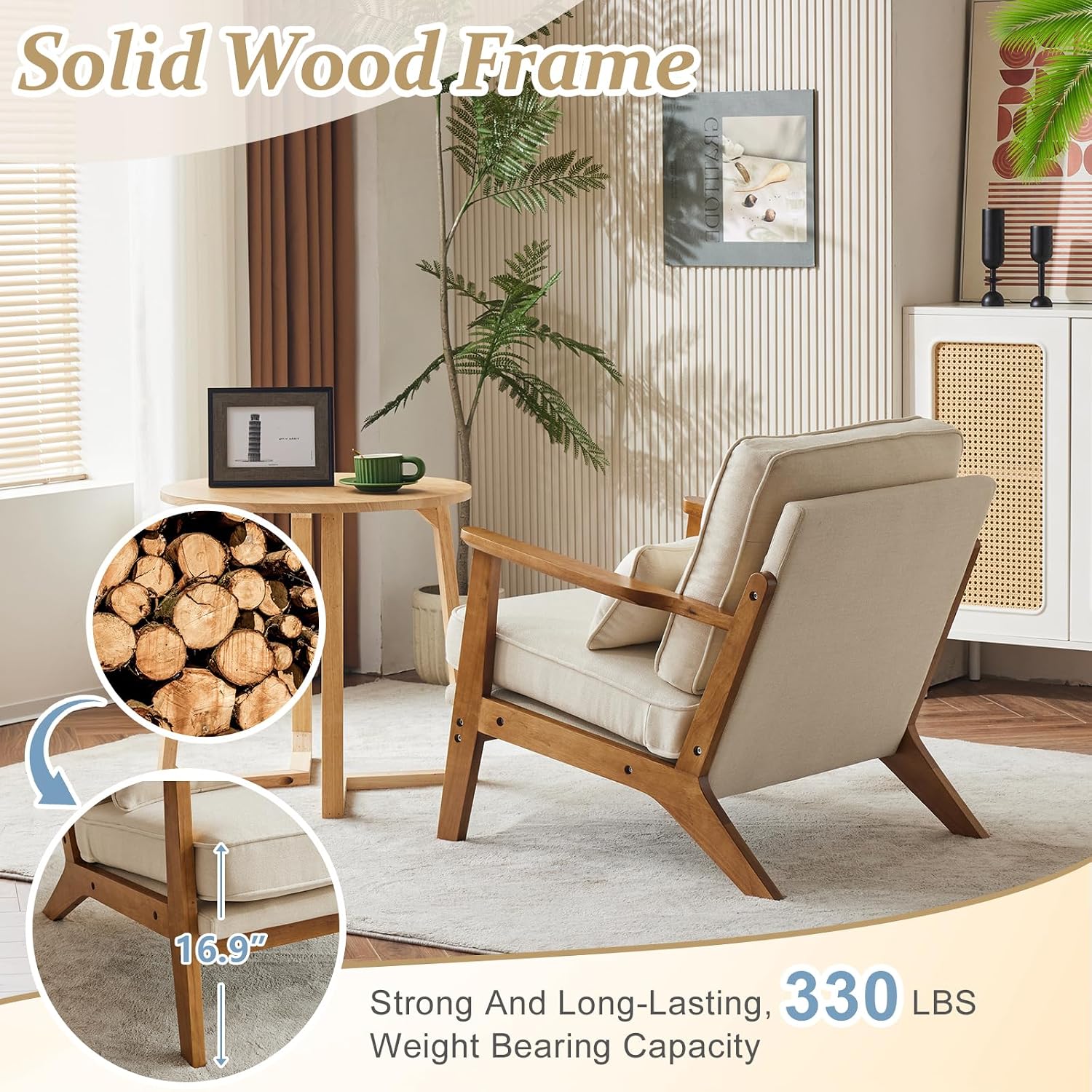Beige Linen Farmhouse Mid-Century Solid Wood Accent Chair