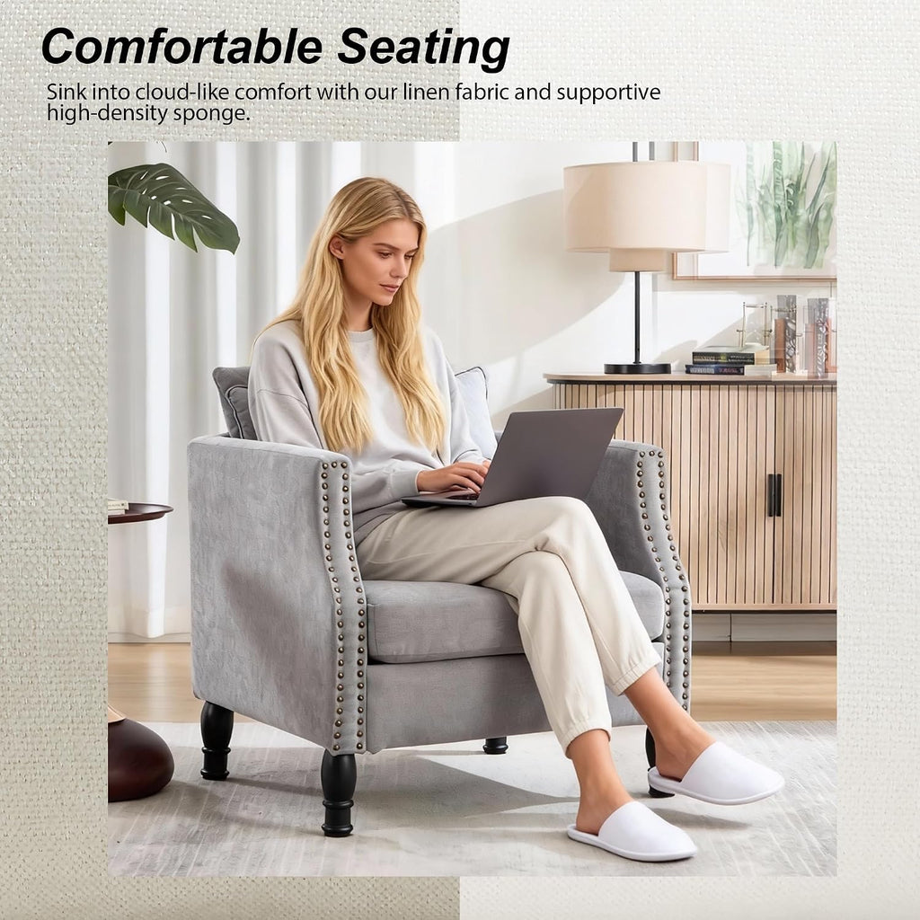 Grey Linen Accent Chairs Set of 2 with Lumbar Pillows