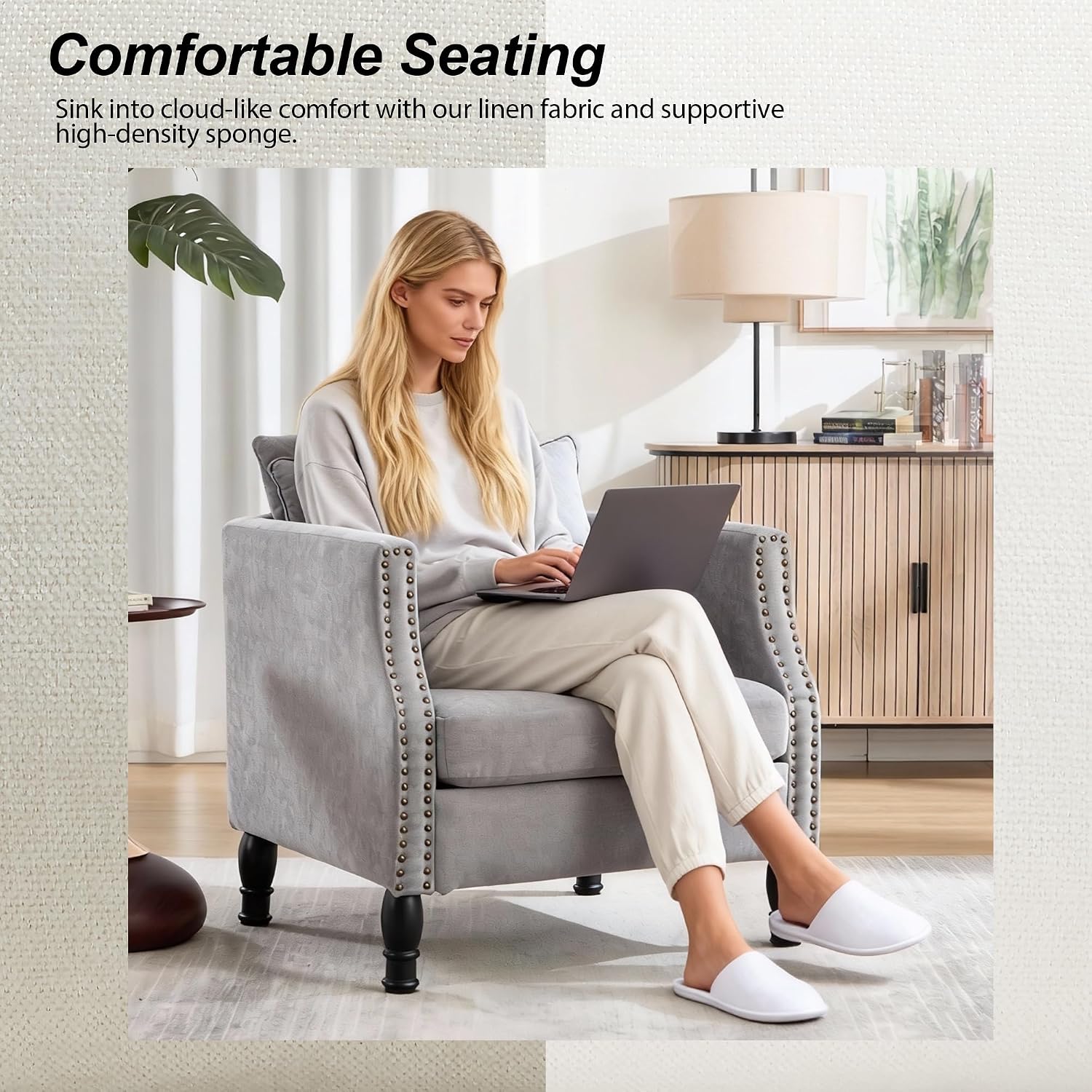 Grey Linen Accent Chairs Set of 2 with Lumbar Pillows