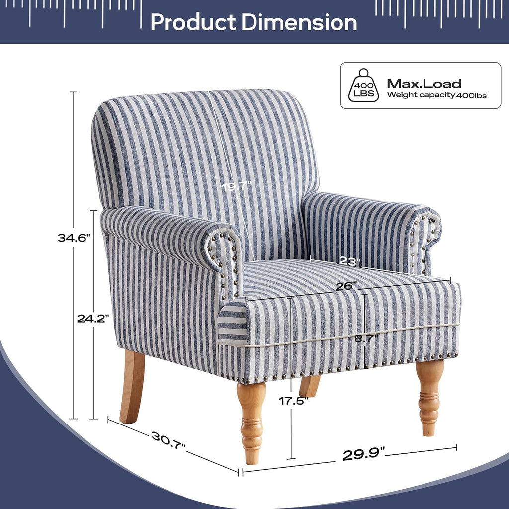 Dark Blue White Stripe Linen Mid-Century Accent Chair