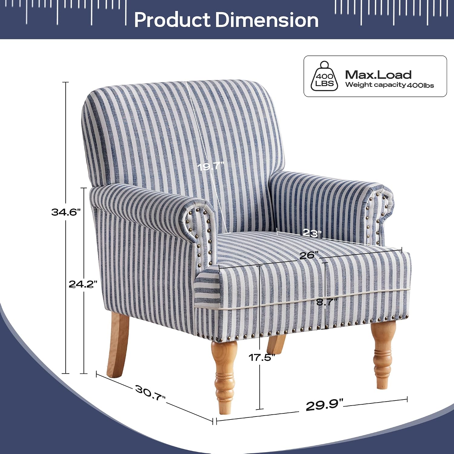 Dark Blue White Stripe Linen Mid-Century Accent Chair