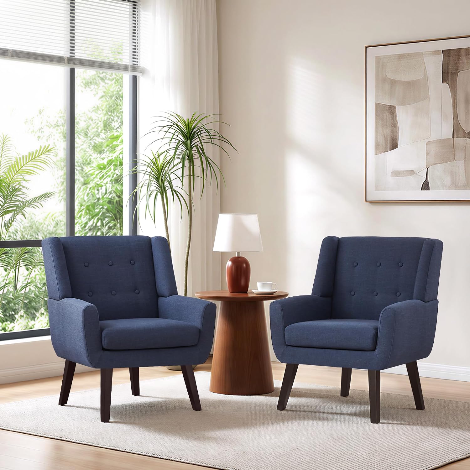 Dark Blue Button Tufted Linen Mid-Century Accent Chairs Set of 2
