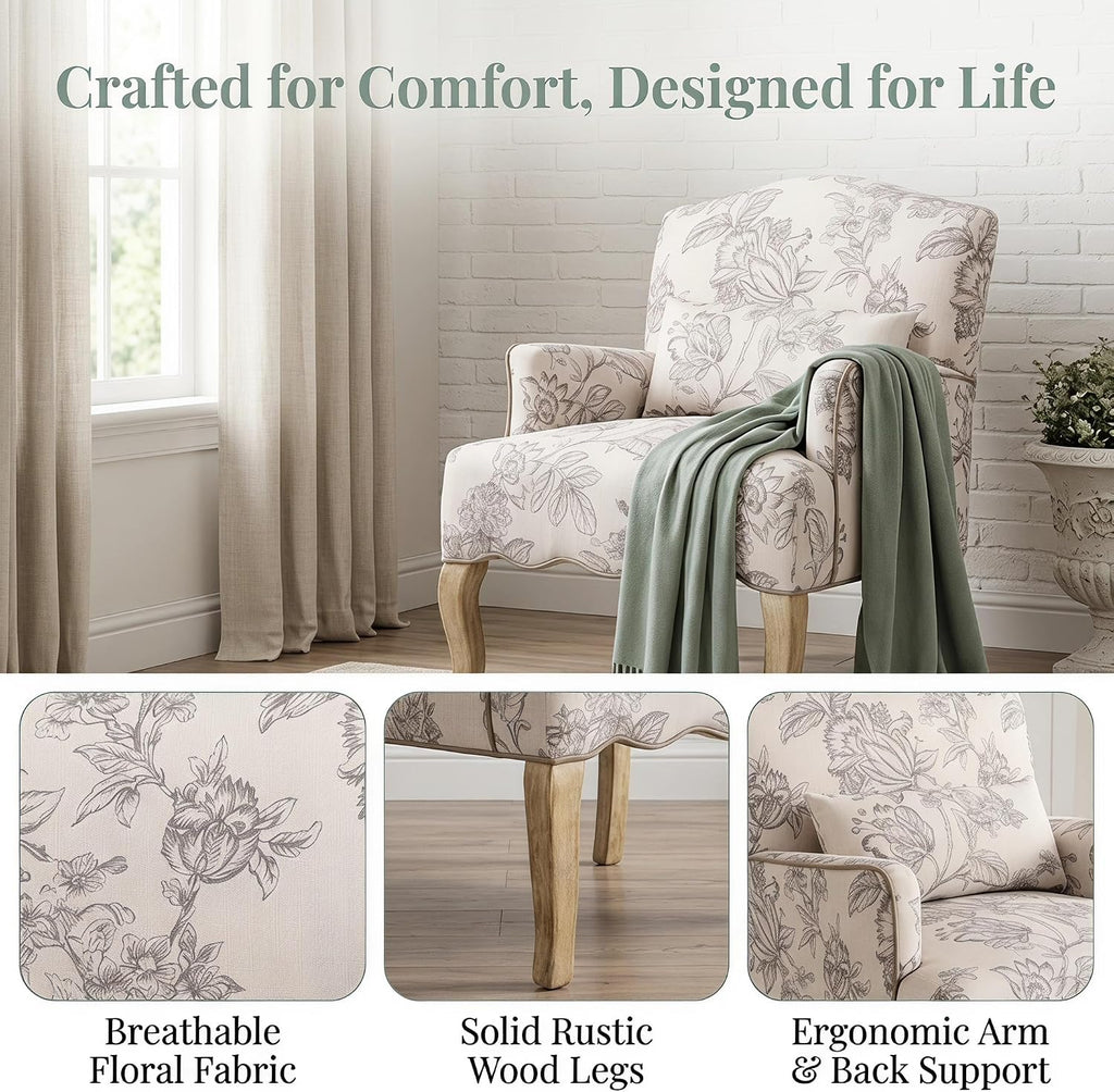 Beige Floral Linen Farmhouse Mid-Century Accent Chair