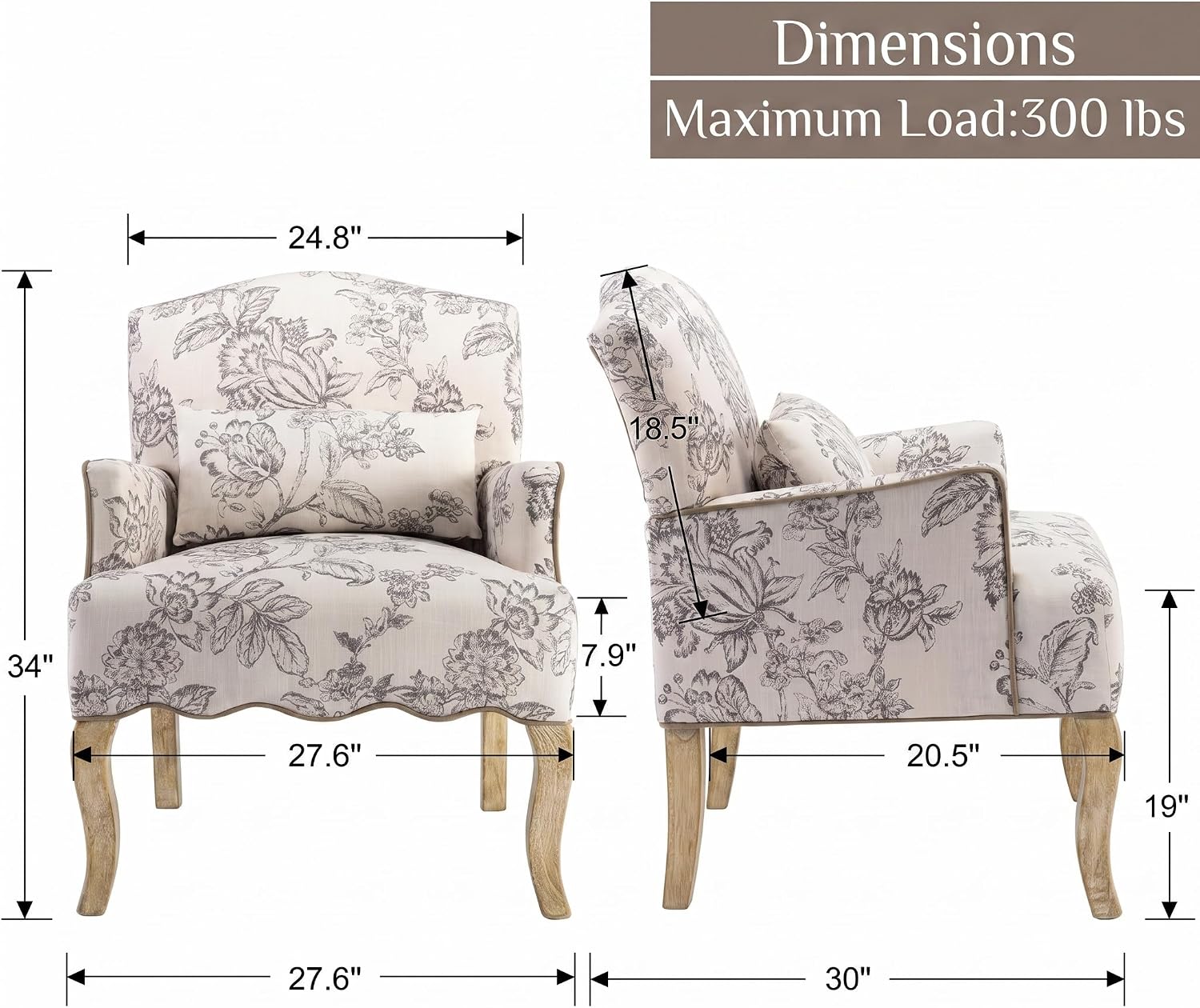 Beige Floral Linen Farmhouse Mid-Century Accent Chair