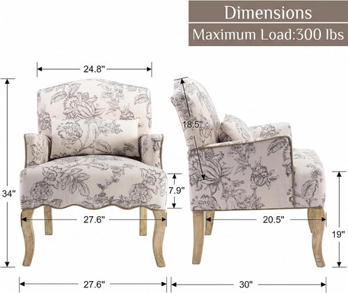Beige Floral Linen Farmhouse Mid-Century Accent Chair
