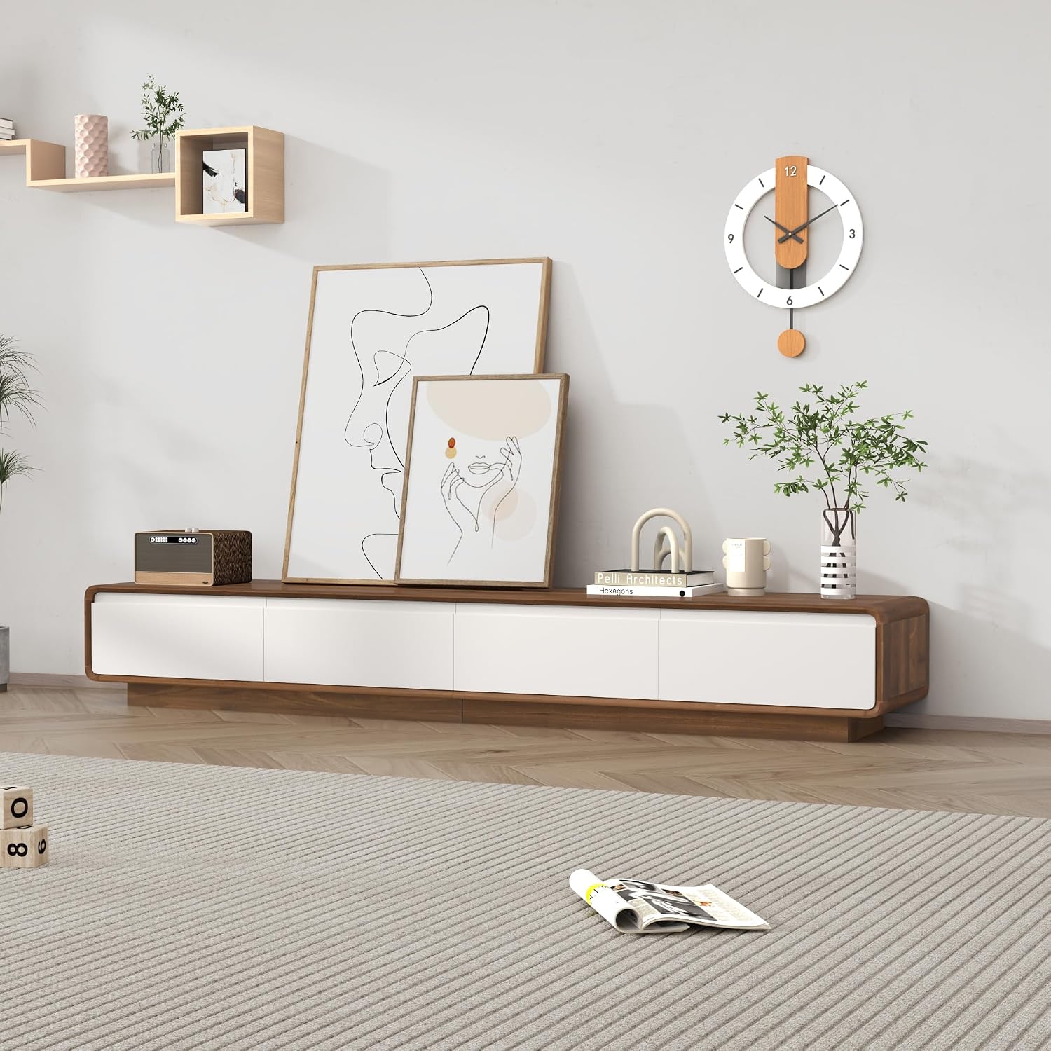 Walnut White 78.7 Inch Minimalist Floating TV Stand with Drawers