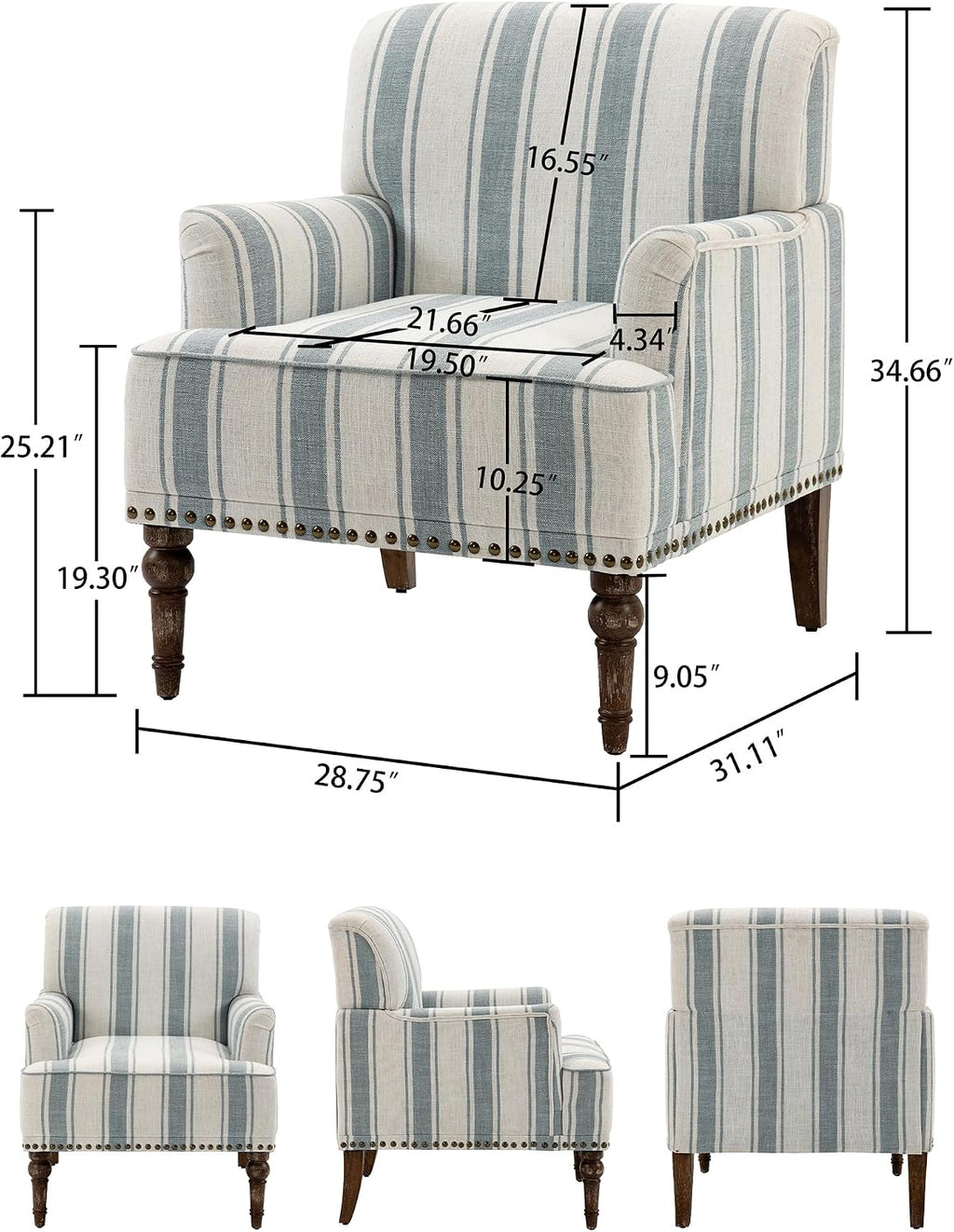 Blue Stripe Linen Mid-Century Accent Chairs Set of 2