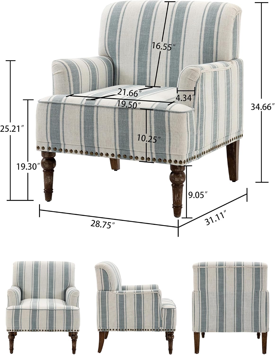Blue Stripe Linen Mid-Century Accent Chairs Set of 2