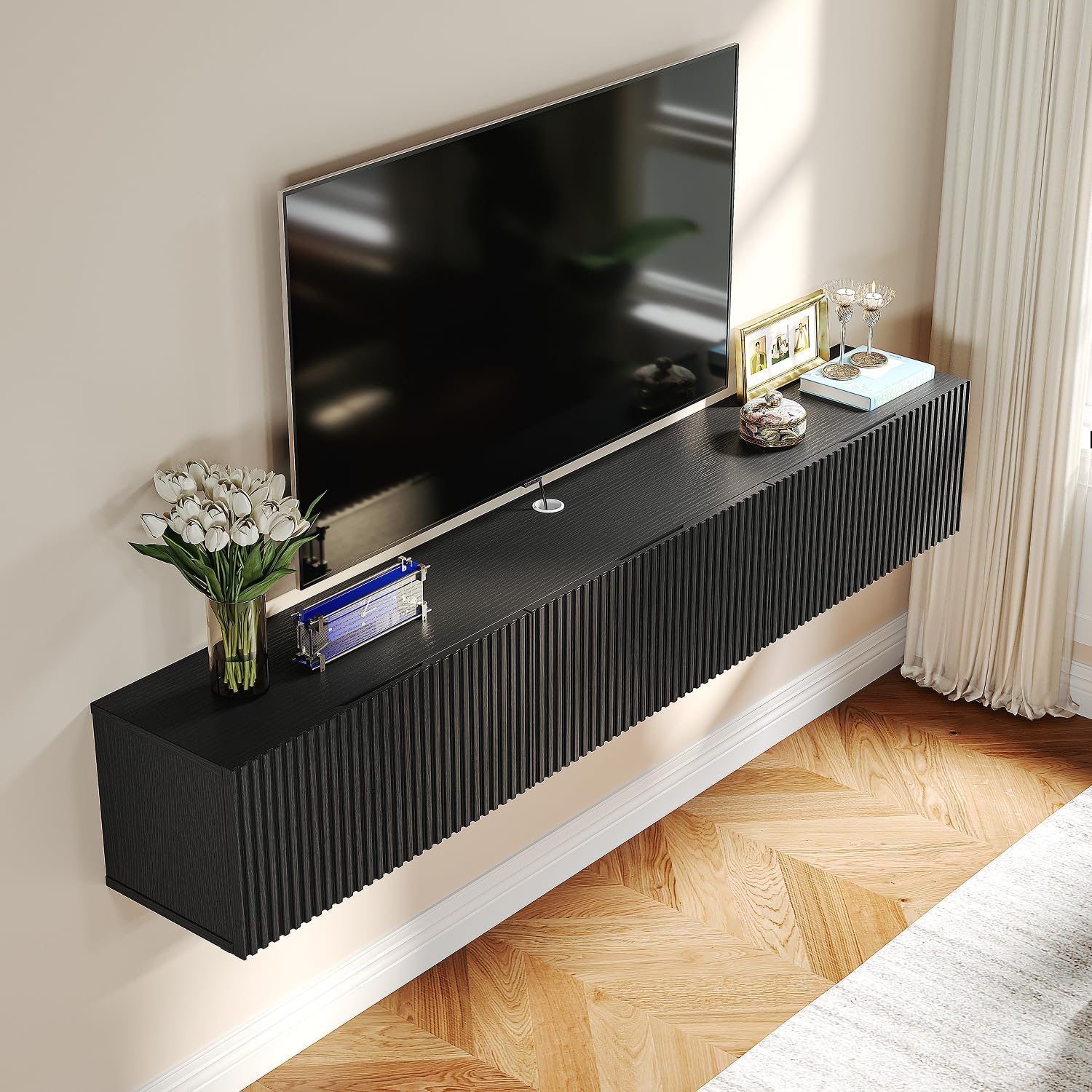 Black 63 Inch Slatted Floating TV Stand with 3 Doors