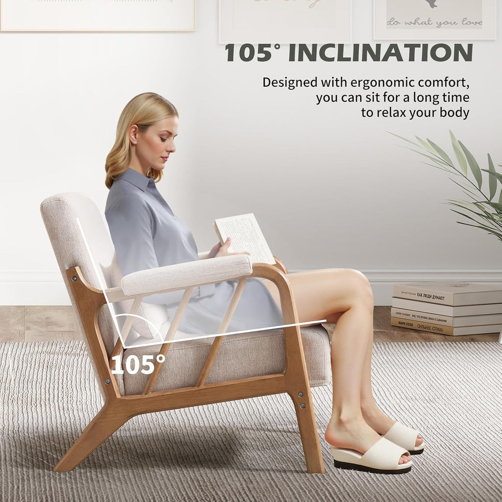 Beige Linen Mid-Century Wood Frame Accent Chair