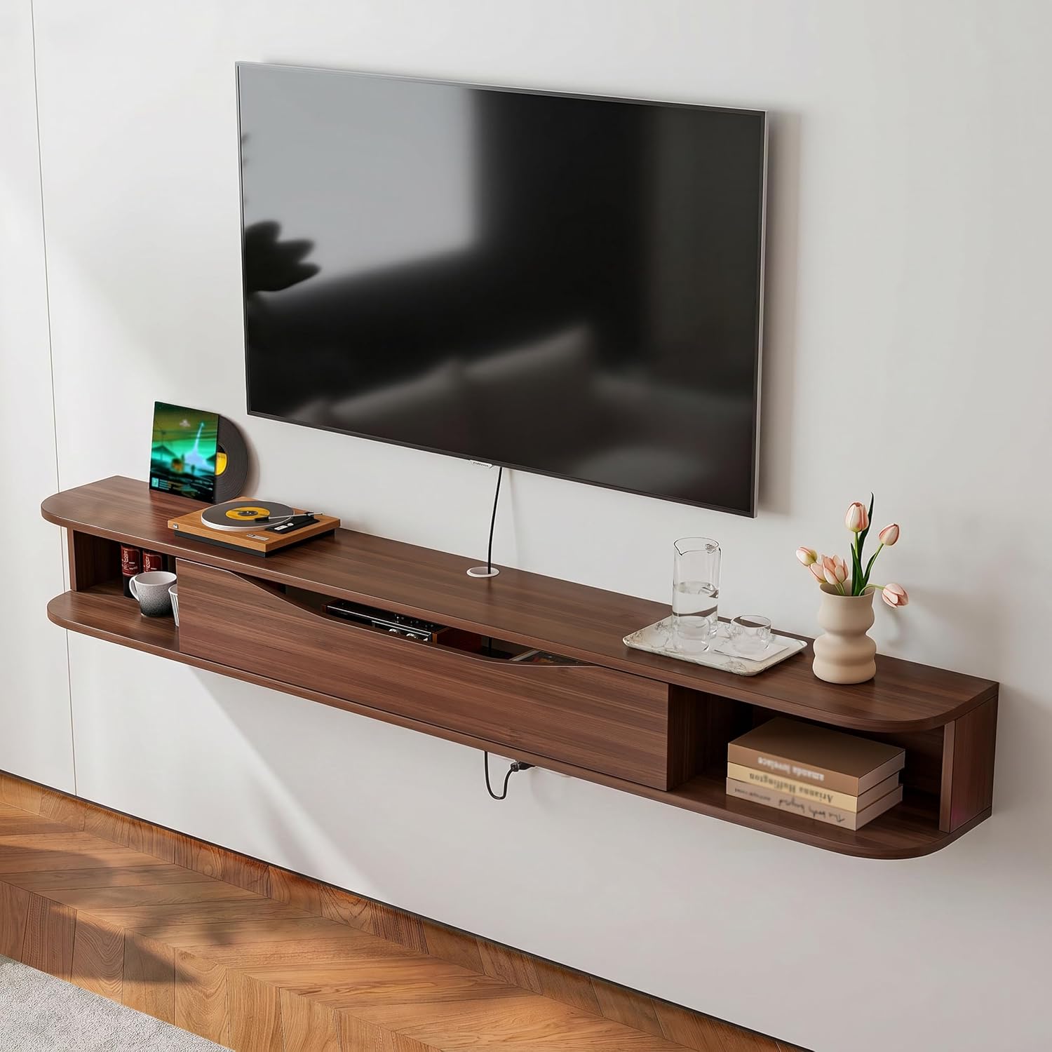 Walnut Plywood Floating Wall Mounted TV Stand