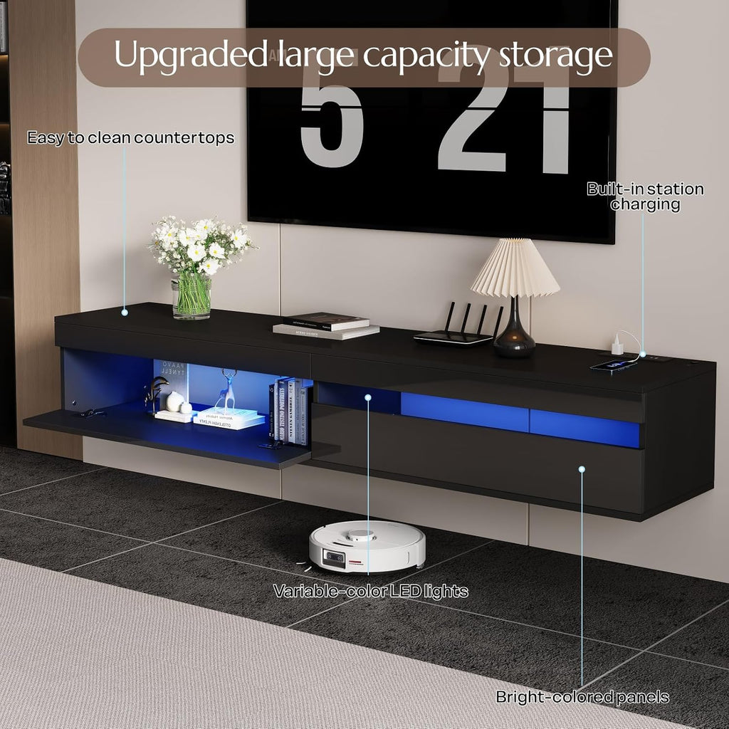 Black High Gloss Solid Wood Floating TV Stand with LED & Power Outlet