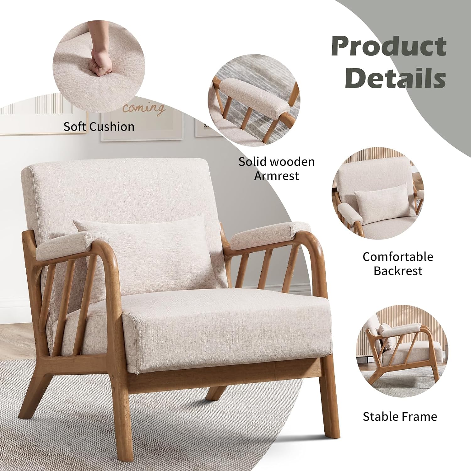 Beige Linen Mid-Century Wood Frame Accent Chair