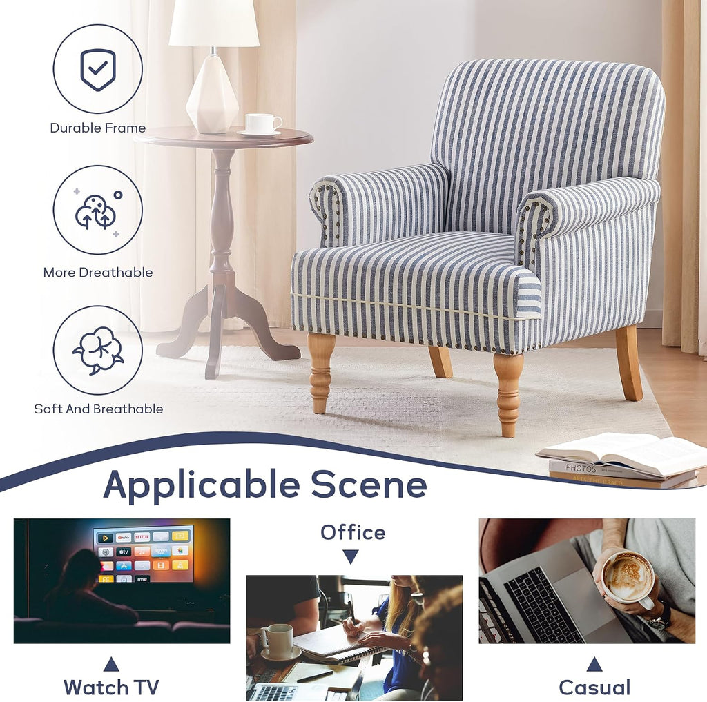 Dark Blue White Stripe Linen Mid-Century Accent Chair