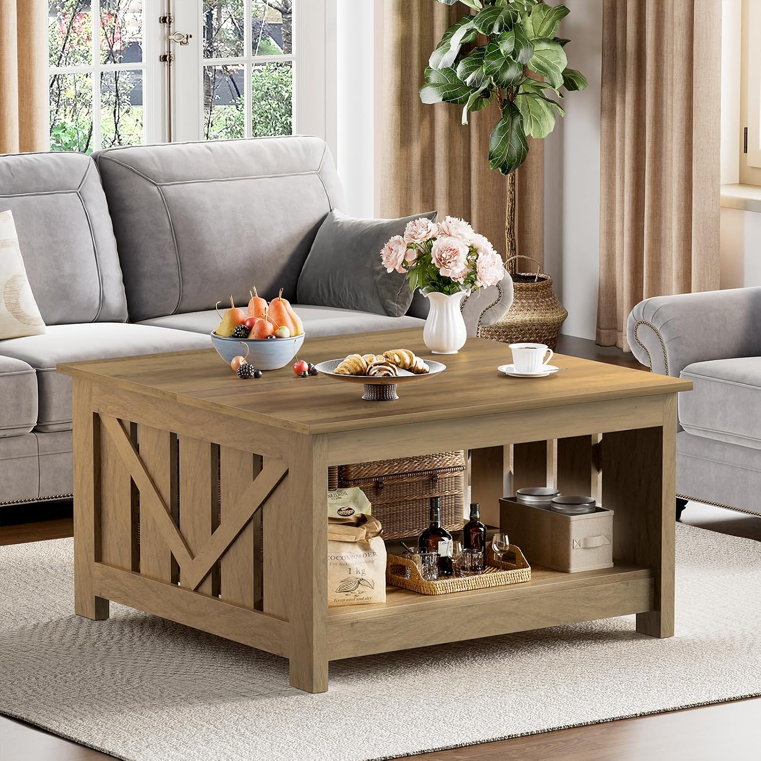 Lift Top Oak Square Storage Coffee Table