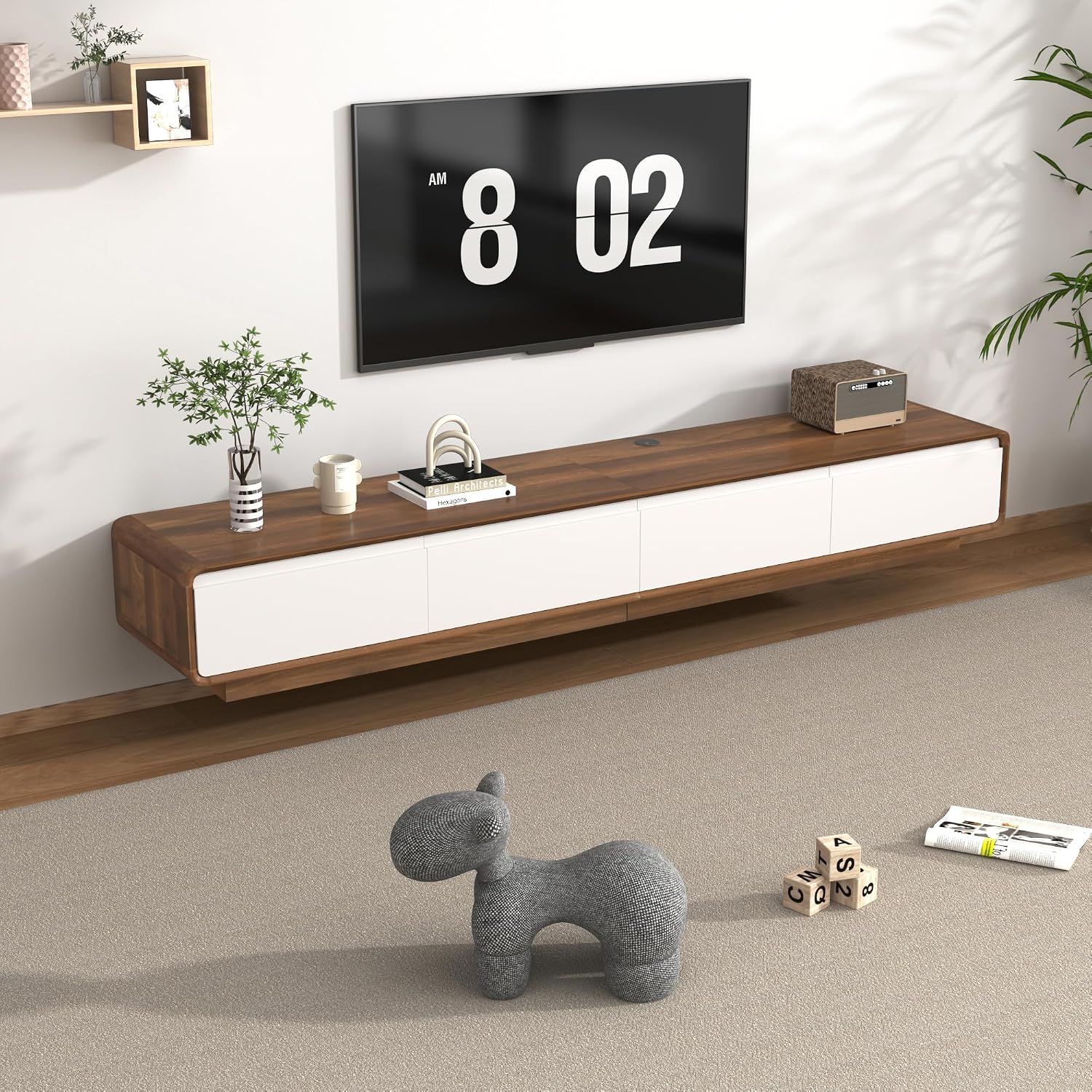 Walnut White 78.7 Inch Minimalist Floating TV Stand with Drawers
