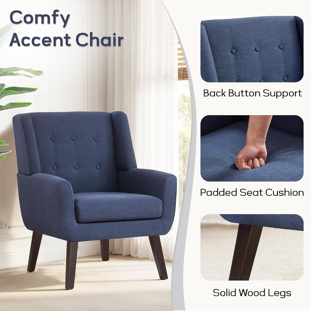 Dark Blue Button Tufted Linen Mid-Century Accent Chairs Set of 2
