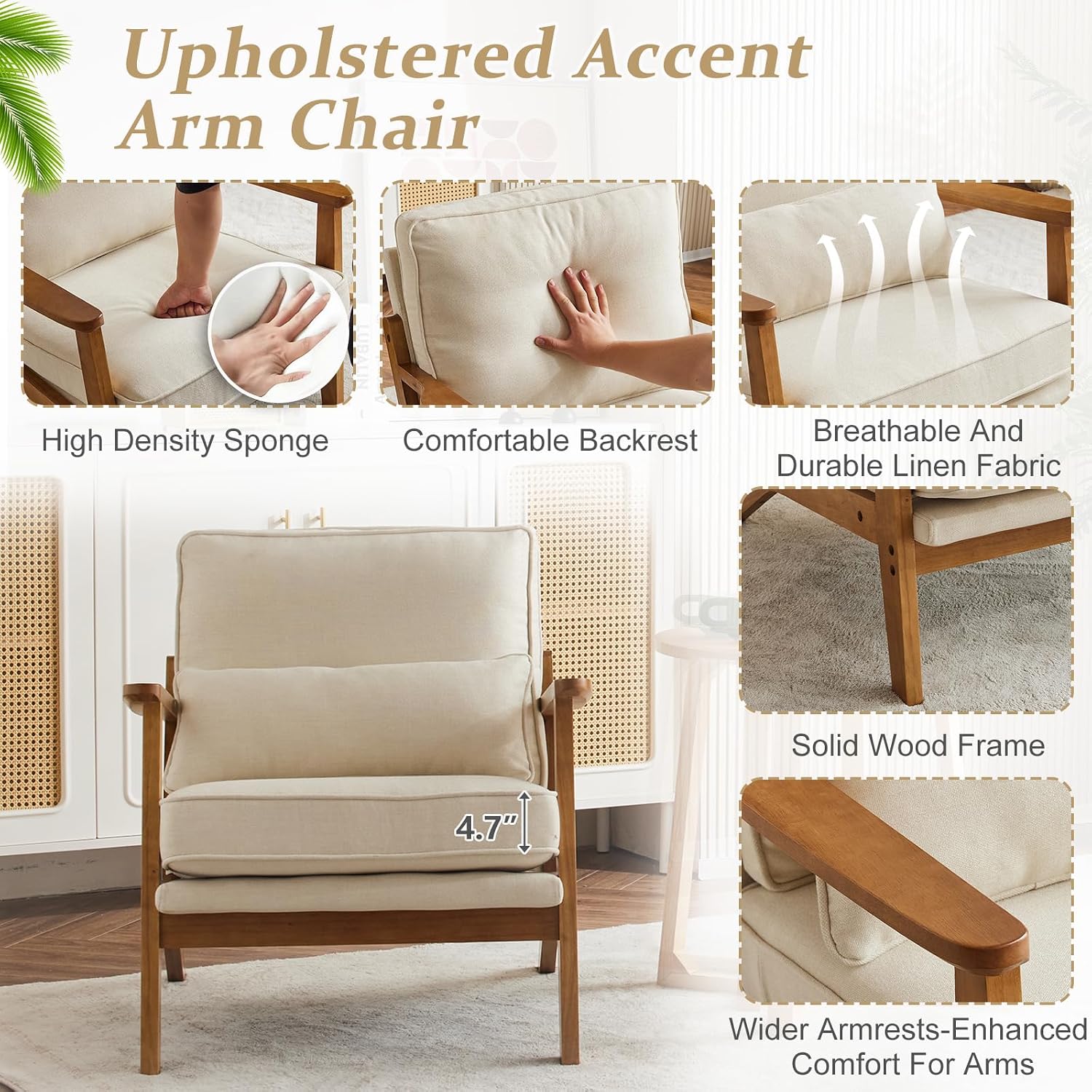 Beige Linen Farmhouse Mid-Century Solid Wood Accent Chair