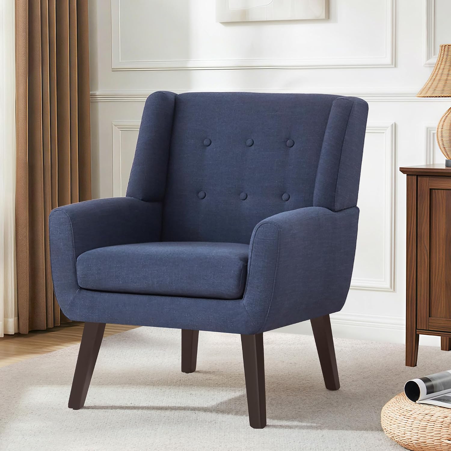 Dark Blue Button Tufted Linen Mid-Century Accent Chair