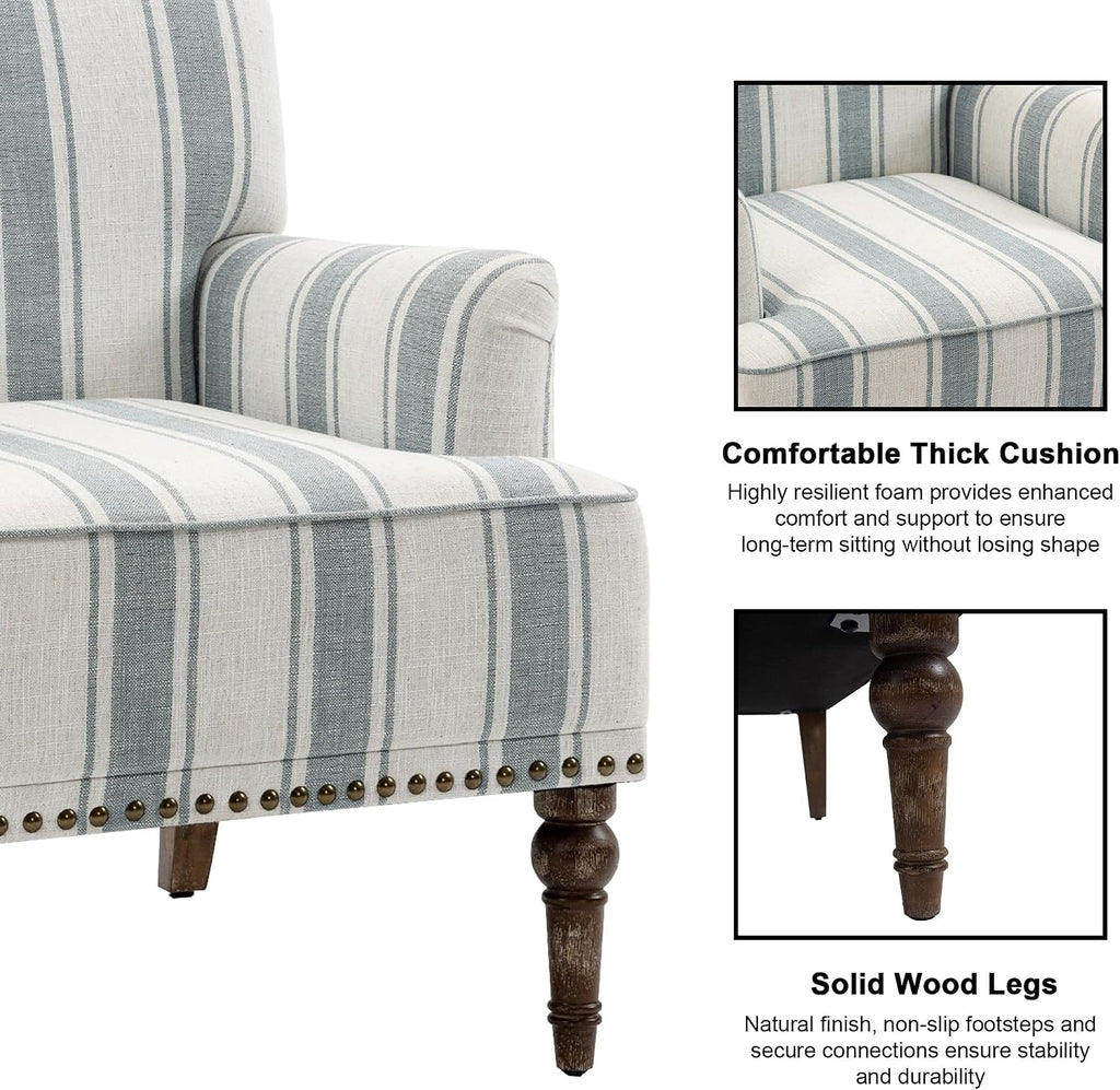 Blue Stripe Linen Mid-Century Accent Chairs Set of 2