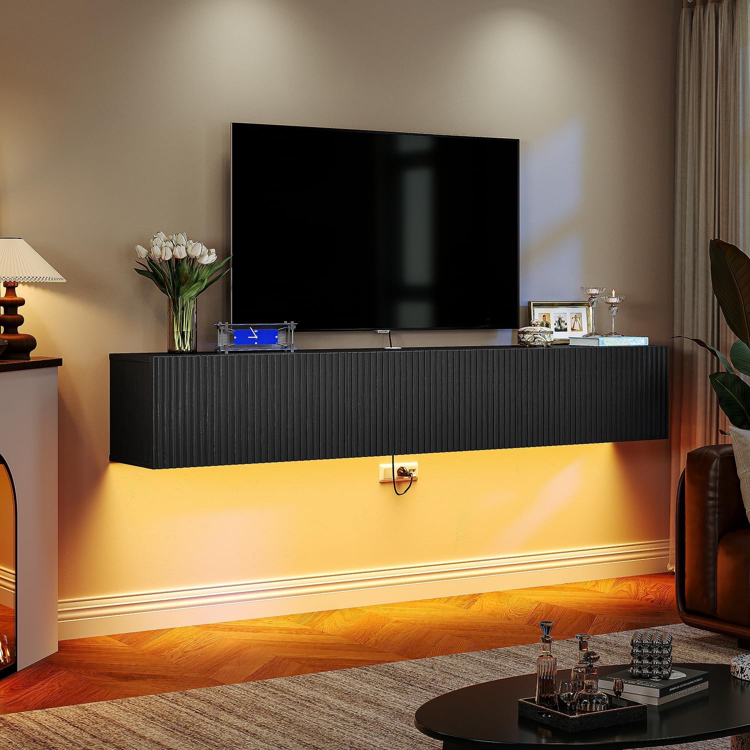 Black 63 Inch Slatted Floating TV Stand with 3 Doors