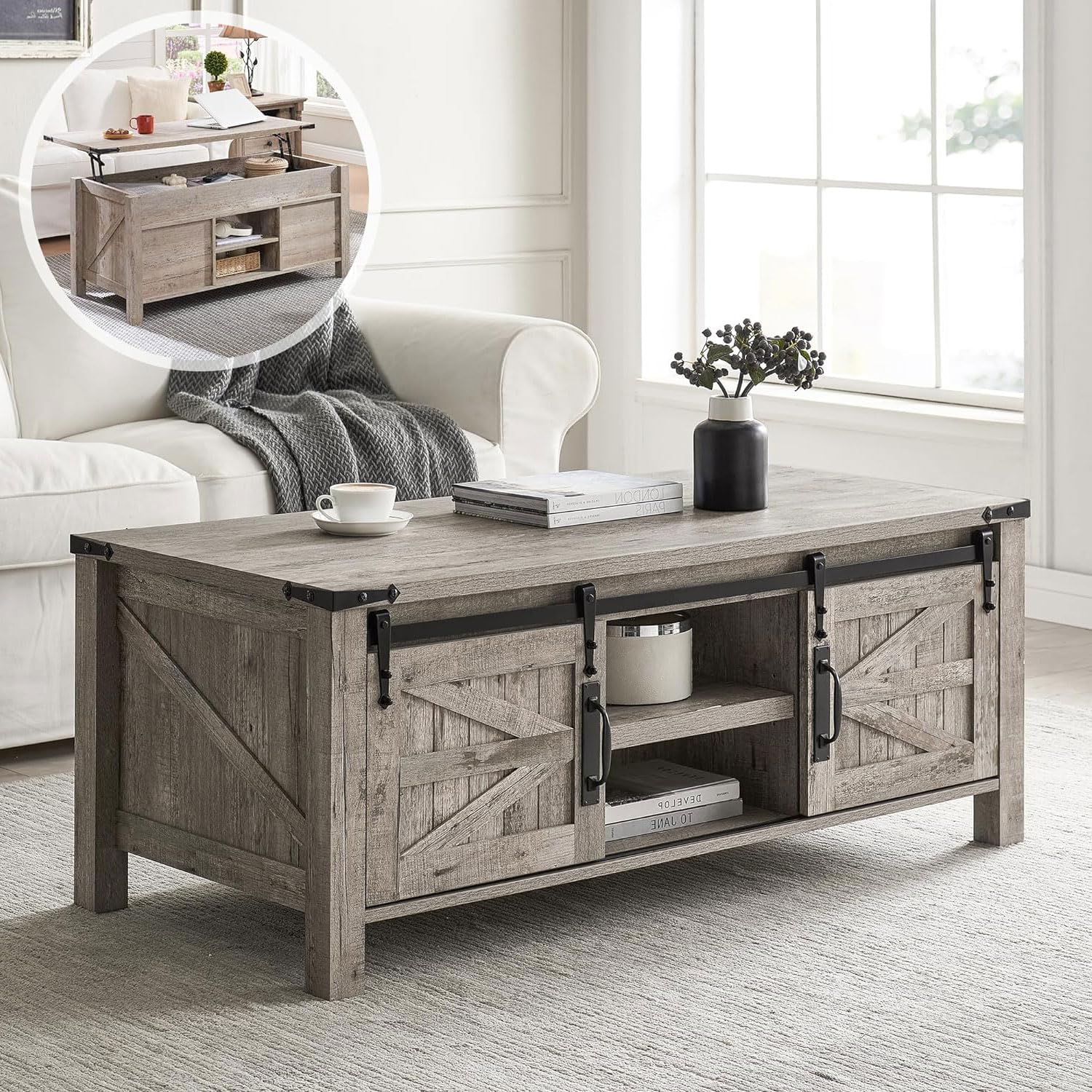 Lift Top Oak Coffee Table Barn Door