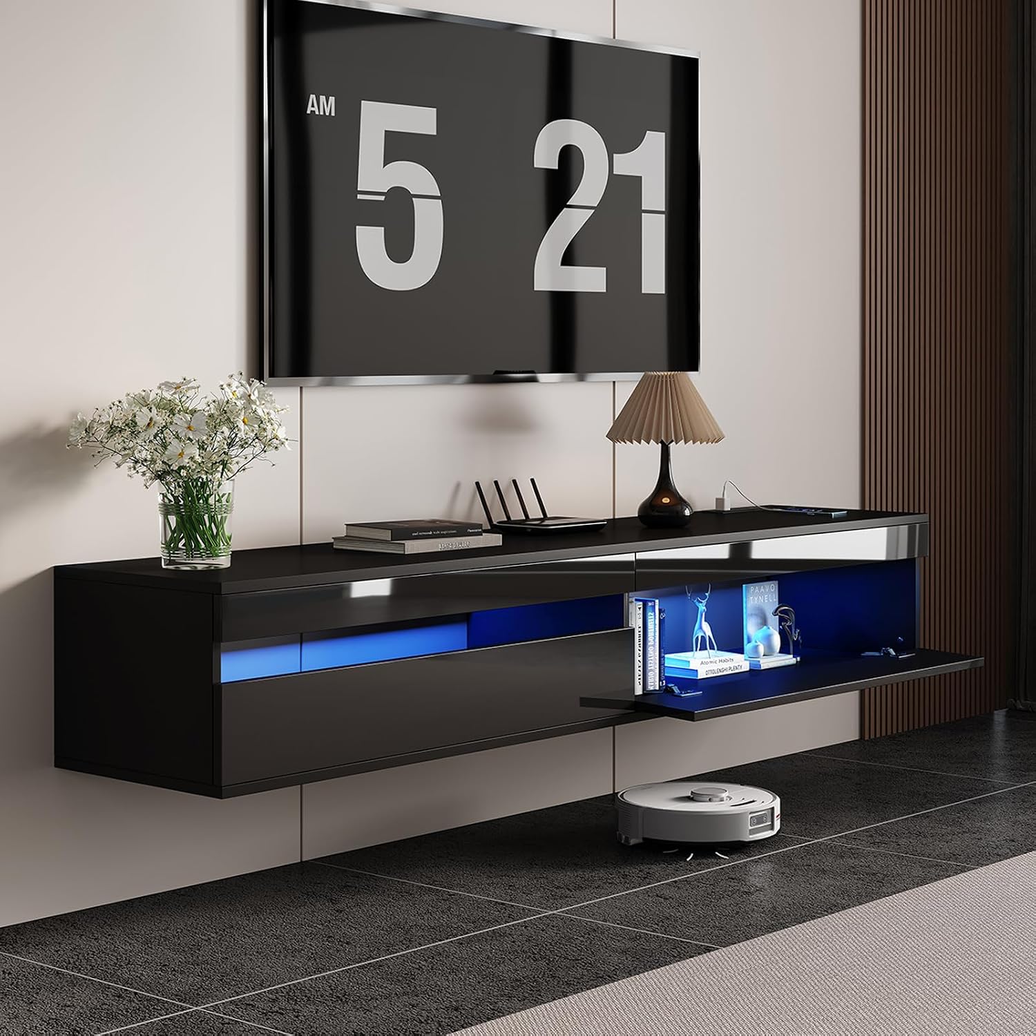 Black High Gloss Solid Wood Floating TV Stand with LED & Power Outlet