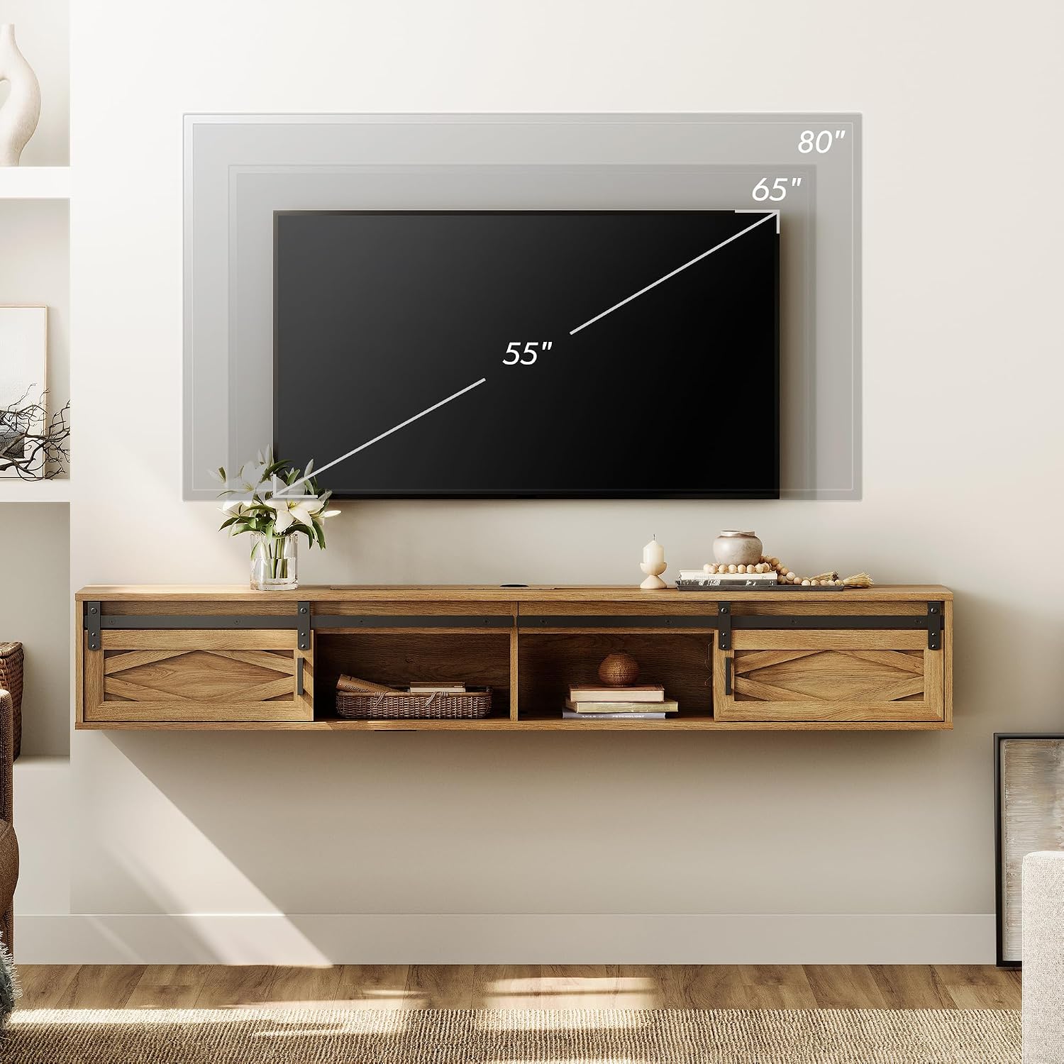 Brown Sliding Barn Door Floating TV Stand