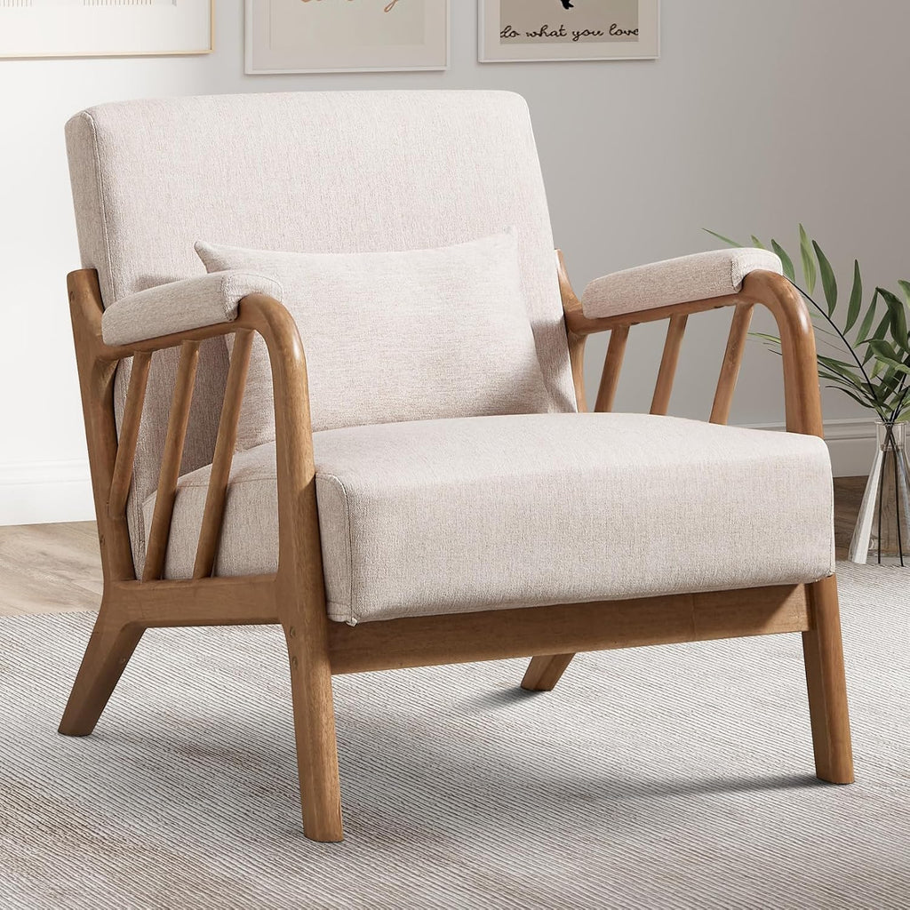Beige Linen Mid-Century Wood Frame Accent Chair