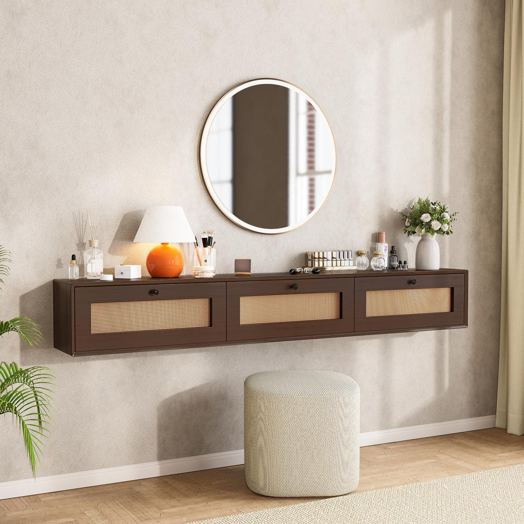 70 Inch Matte Plywood Floating TV Stand with Rattan Doors