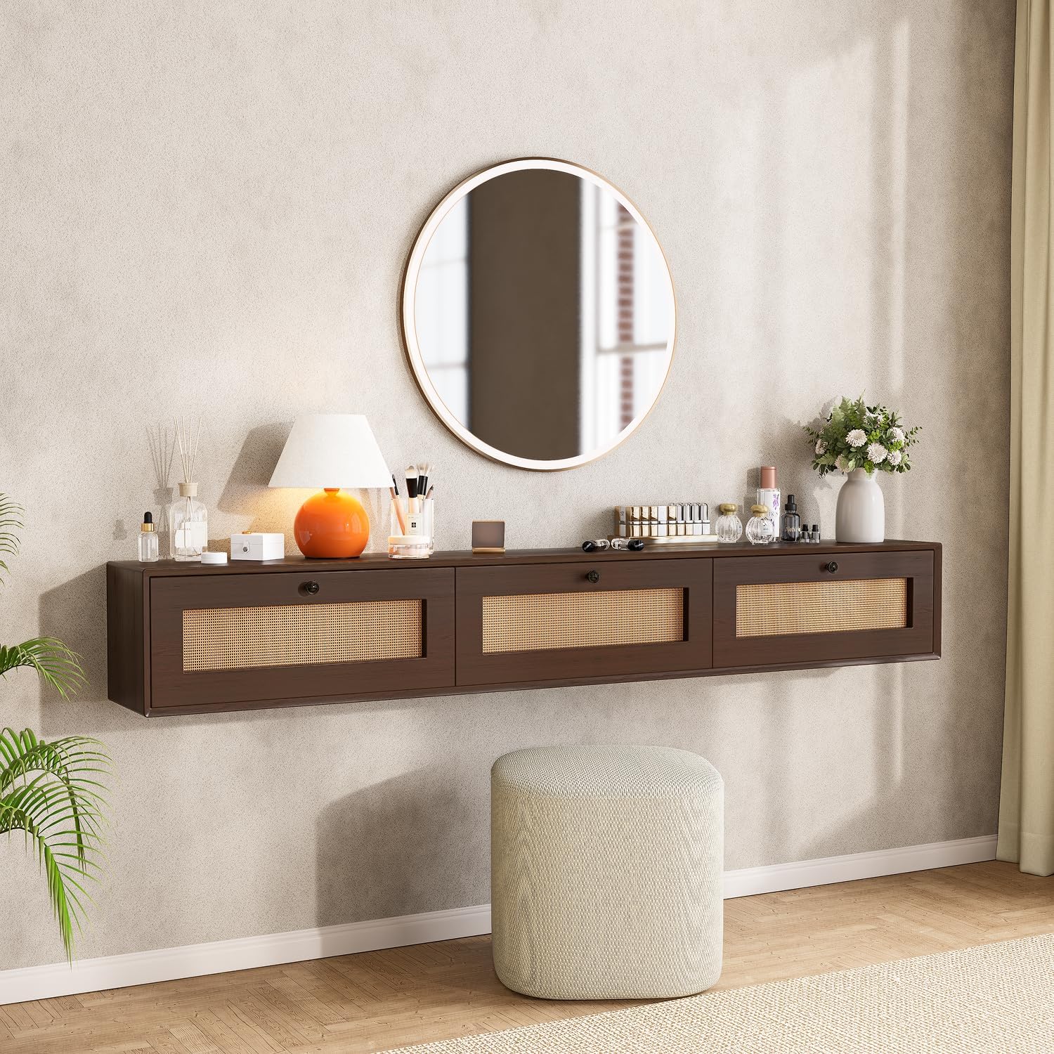 70 Inch Matte Plywood Floating TV Stand with Rattan Doors