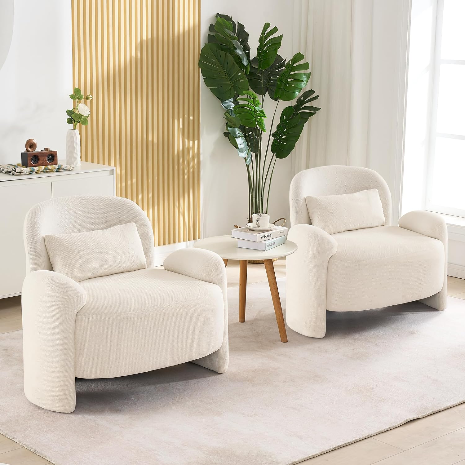 Beige Linen Mid-Century Accent Chairs Set of 2