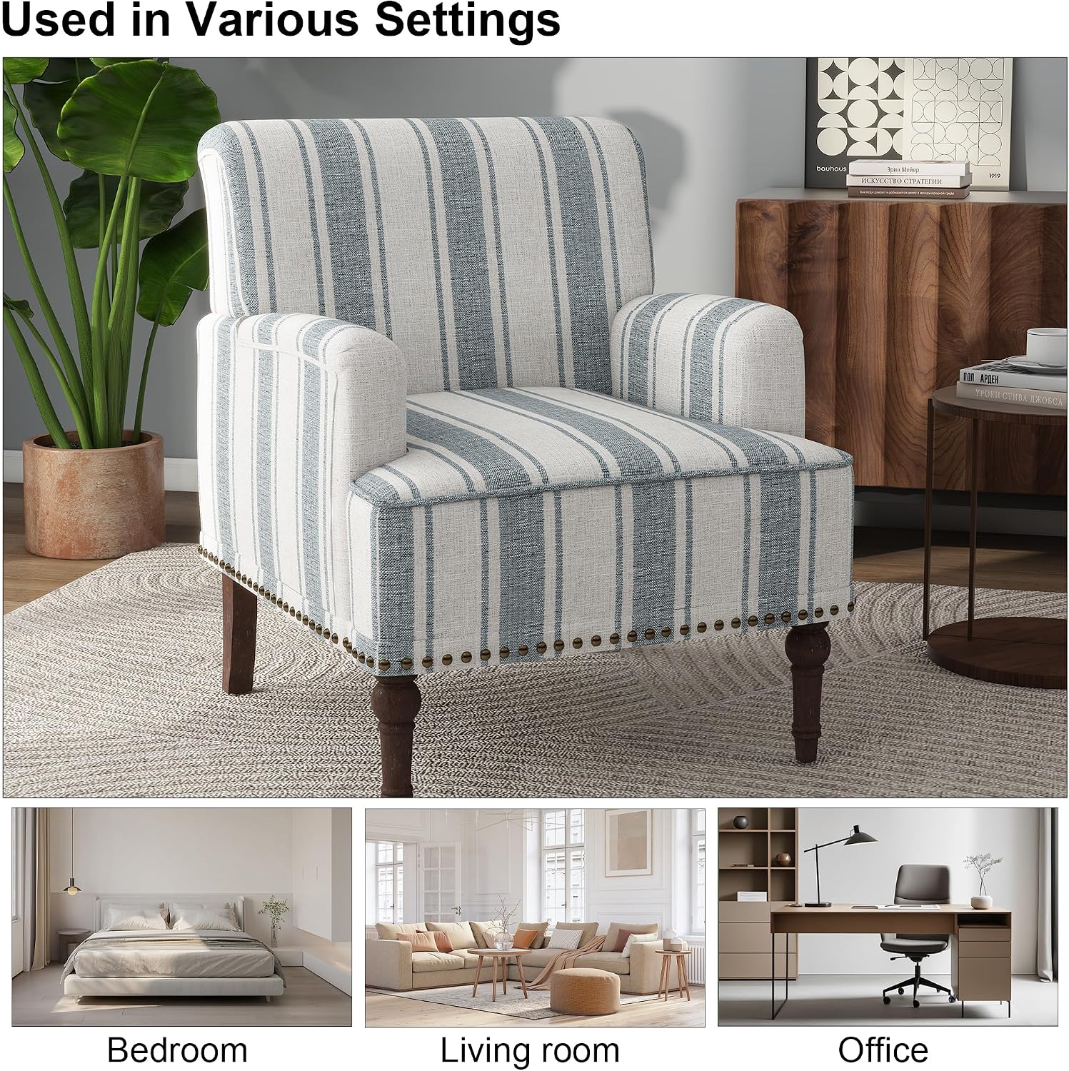 Blue Stripe Linen Mid-Century Accent Chairs Set of 2