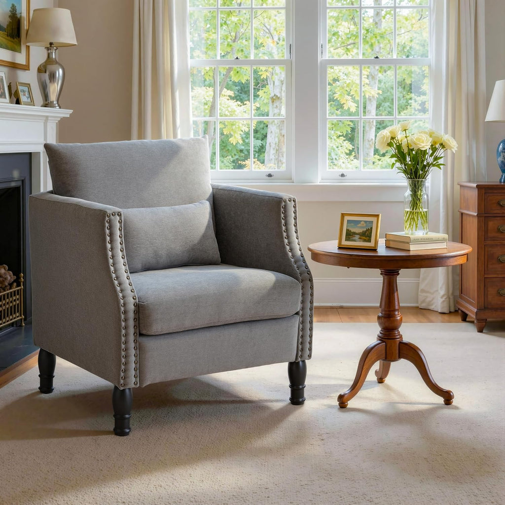 Grey Linen Accent Chairs Set of 2 with Lumbar Pillows