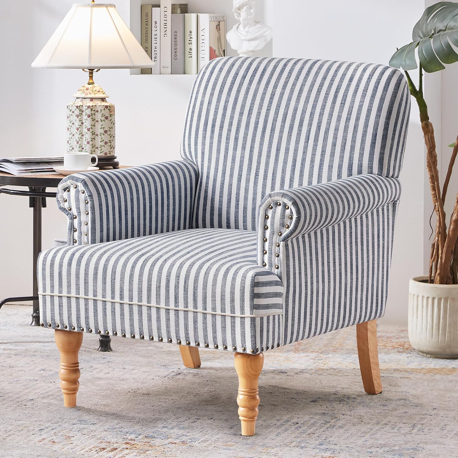 Dark Blue White Stripe Linen Mid-Century Accent Chair