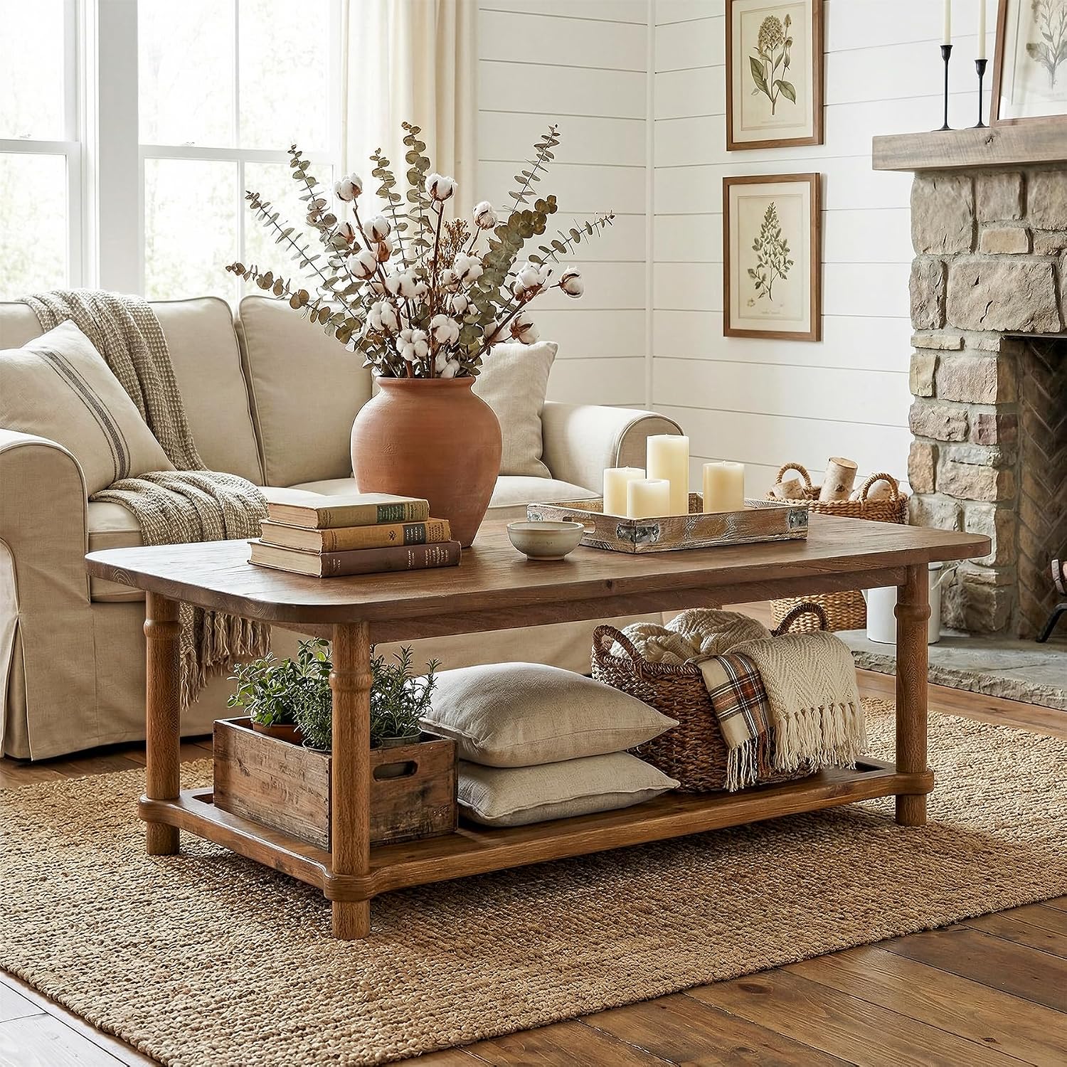 Solid Wood Two-Tier Farmhouse Coffee Table