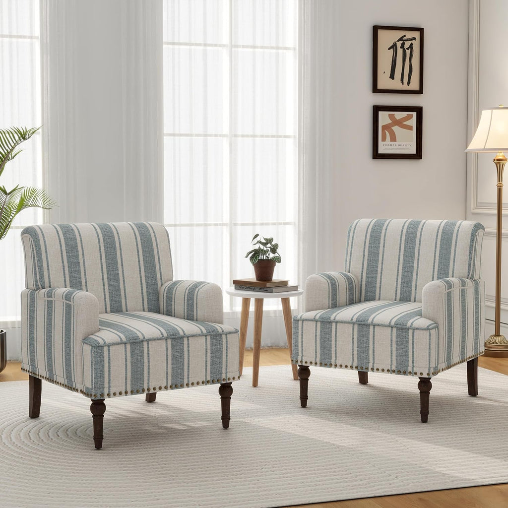 Blue Stripe Linen Mid-Century Accent Chairs Set of 2