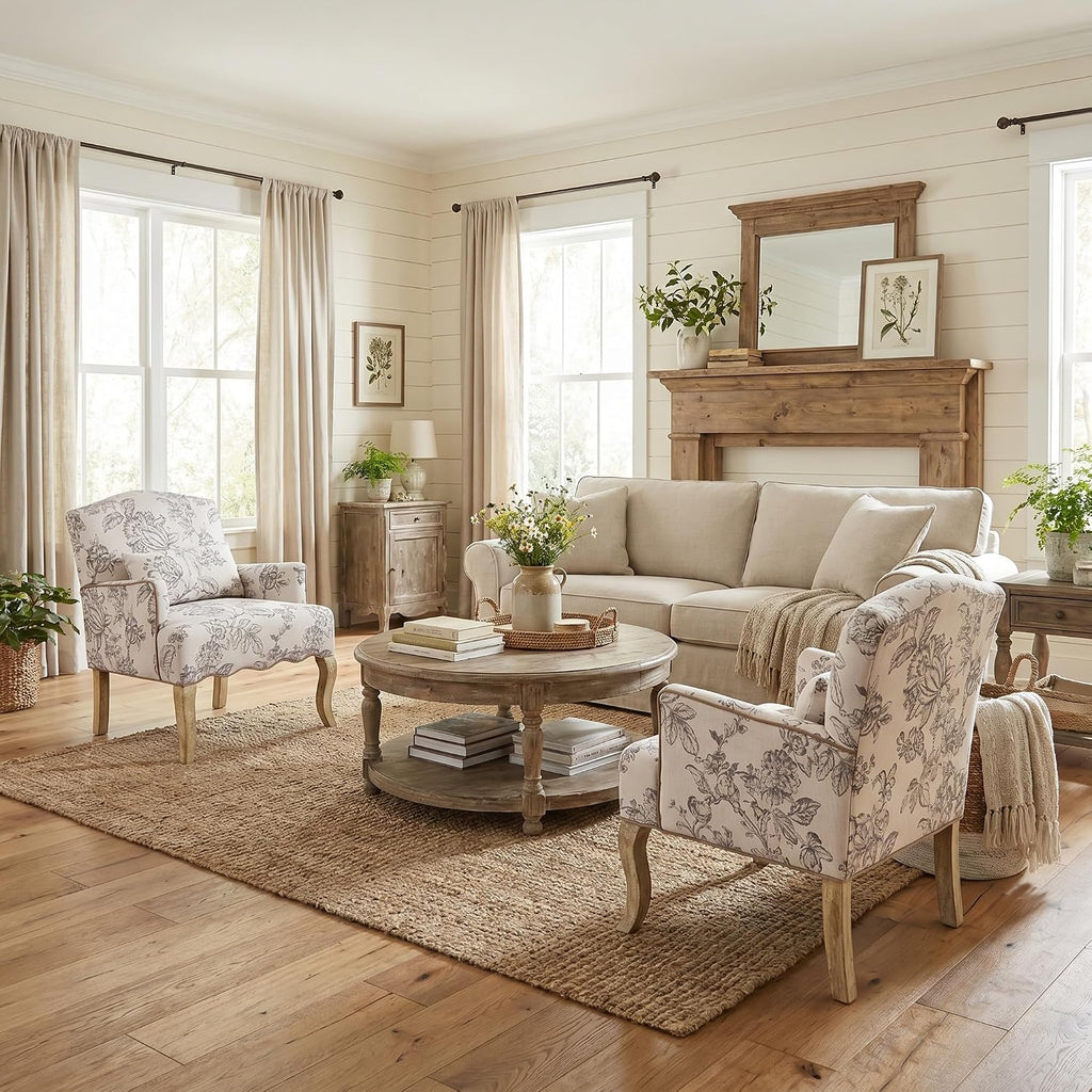 Beige Floral Linen Farmhouse Mid-Century Accent Chair